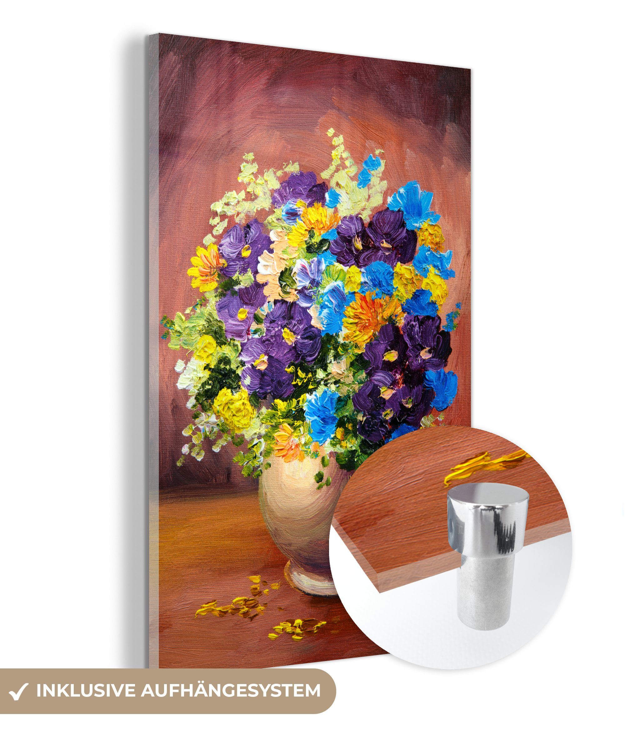 MuchoWow Acrylglasbild Blumenstrauß - Frühling - Ölfarbe, (1 St), Glasbilder - Bilder auf Glas Wandbild - Foto auf Glas - Wanddekoration