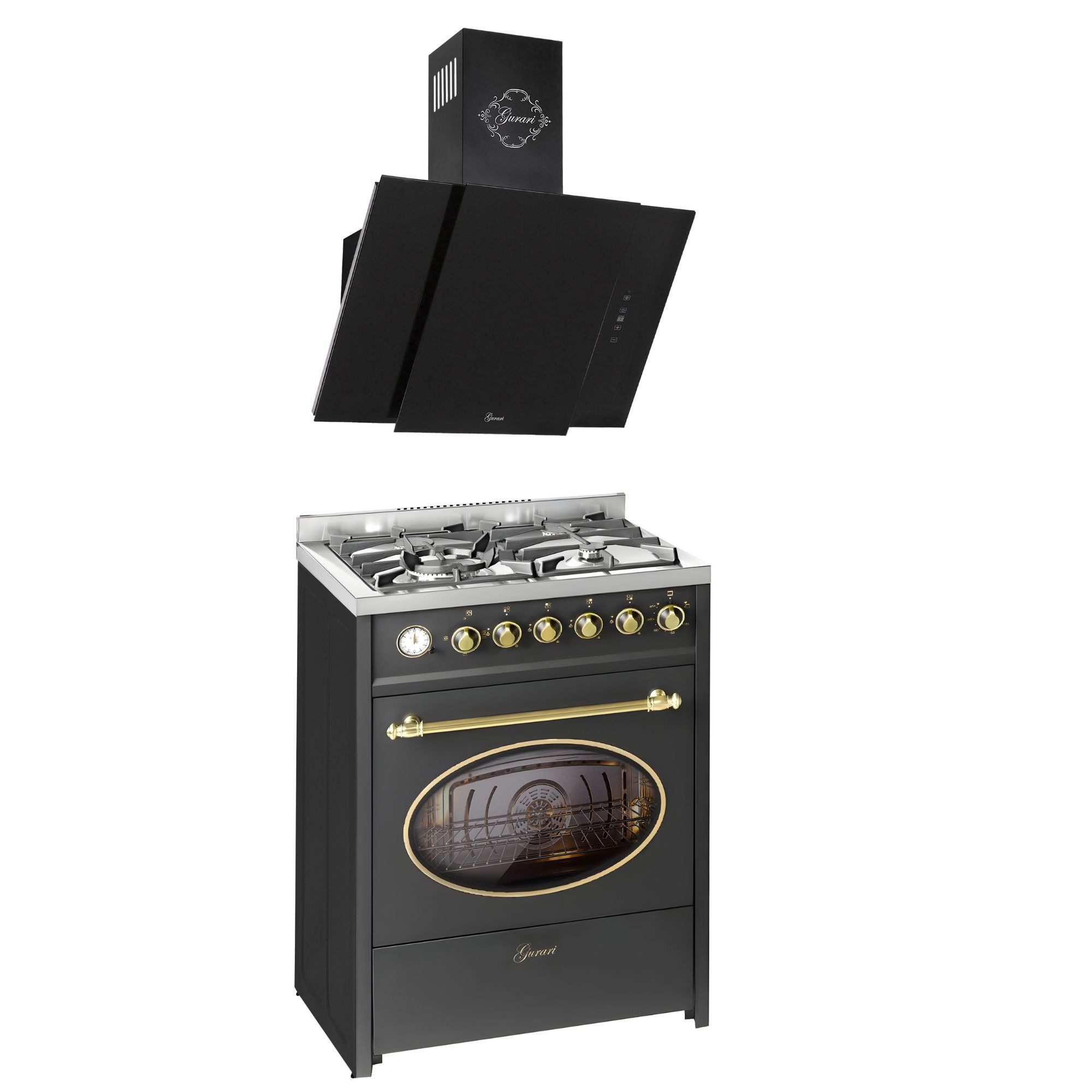 GURARI Gas-Standherd Retro Gas Elektro Standherd 60 cm Erdgas Fl.Gas 4 Kw WOK, 8 Funktionen+Dunstabzugshaube 60 cm E 614 BL r+GCH S 171 60 BL PRIME N, mit 1-fach-Teleskopauszug