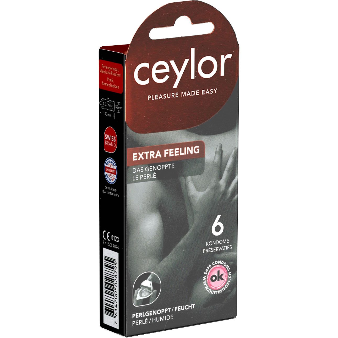 Ceylor Kondome Extra Feeling (Noppenkondome) Packung mit, 6 St., stimulierende Kondome, Premium-Qualität aus der Schweiz, im hygienischen "Dösli", einfach zu öffnen, schnelleres Überziehen