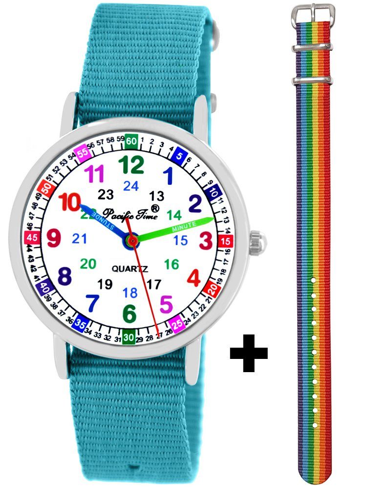 Pacific Time Quarzuhr mit 2 Tausch Armbändern hellblau und Regenbogen Einhorn Look 12938, - Gratis Versand