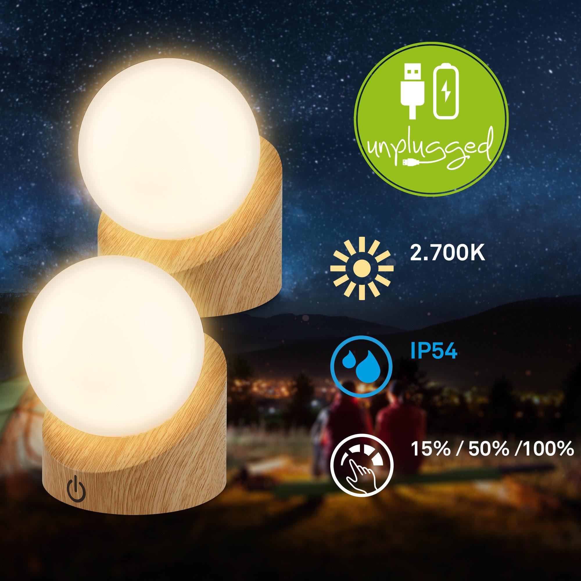 Briloner Leuchten LED Außen-Tischleuchte SORA, Dimmfunktion, LED fest integriert, Warmweiß, kabellos 10x8x9cm Holzfarben 2W Kinderzimmer Outdoor Außen 2er-Set – Bild 2 von 5