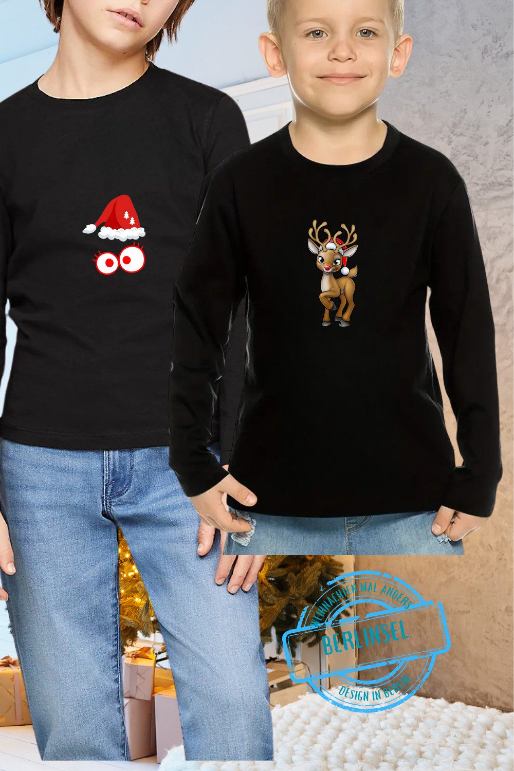 Berlinsel Langarmshirt Shirt für Jungen oder Mädchen mit weihnachtlichen Motiv wahlweise Rentier oder lustiger Weihnachtshut