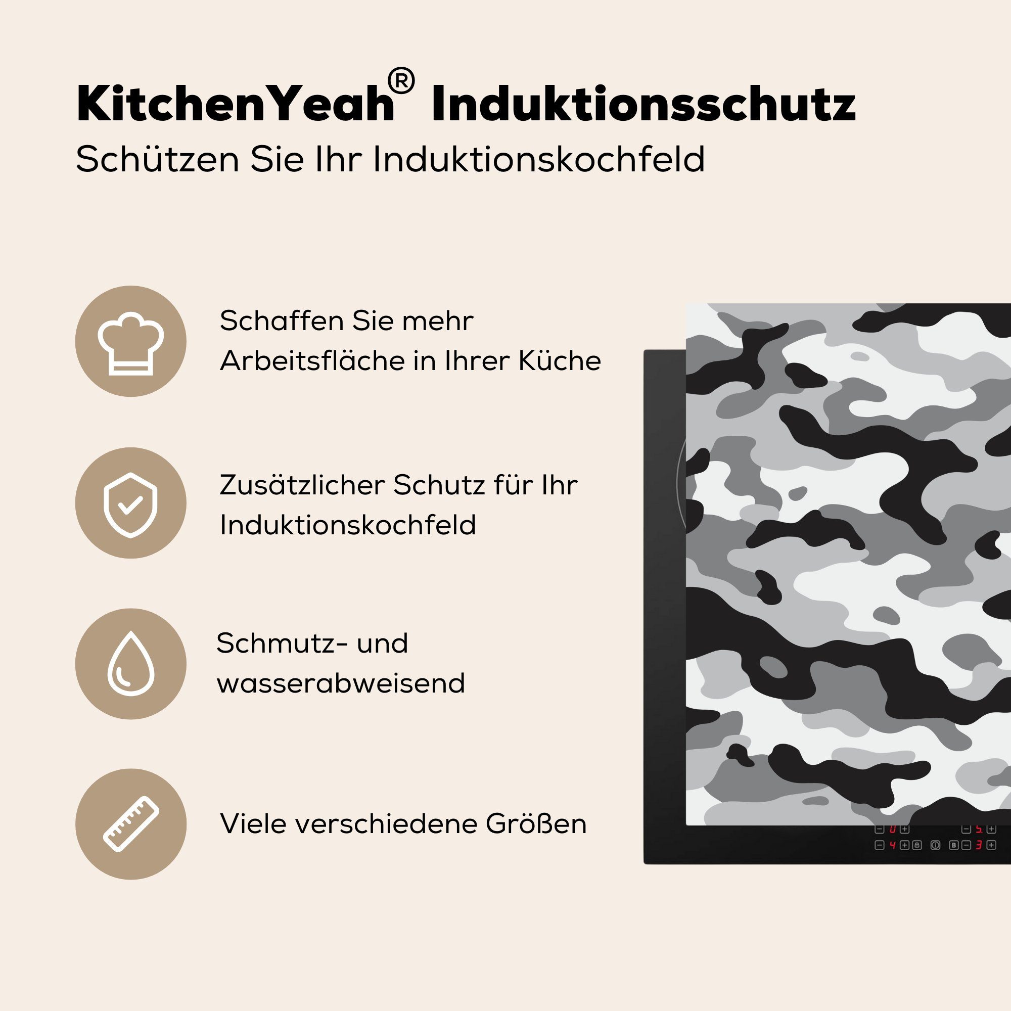 küche Vinyl, tlg), cm, Ceranfeldabdeckung, Camouflage-Muster, für MuchoWow Herdblende-/Abdeckplatte Arbeitsplatte 78x78 (1 Schwarz-weißes