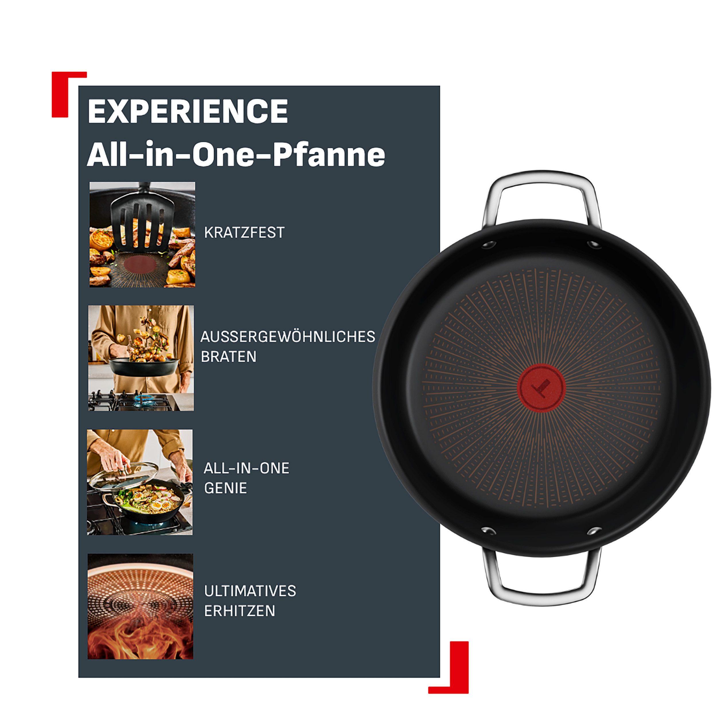 Tefal Bratpfanne Experience Unbreakable, Aluminium (2-tlg., Universalpfanne + Glasdeckel), FusionCore Antihaftversiegelung, induktionsgeeignet, Thermo-Signal