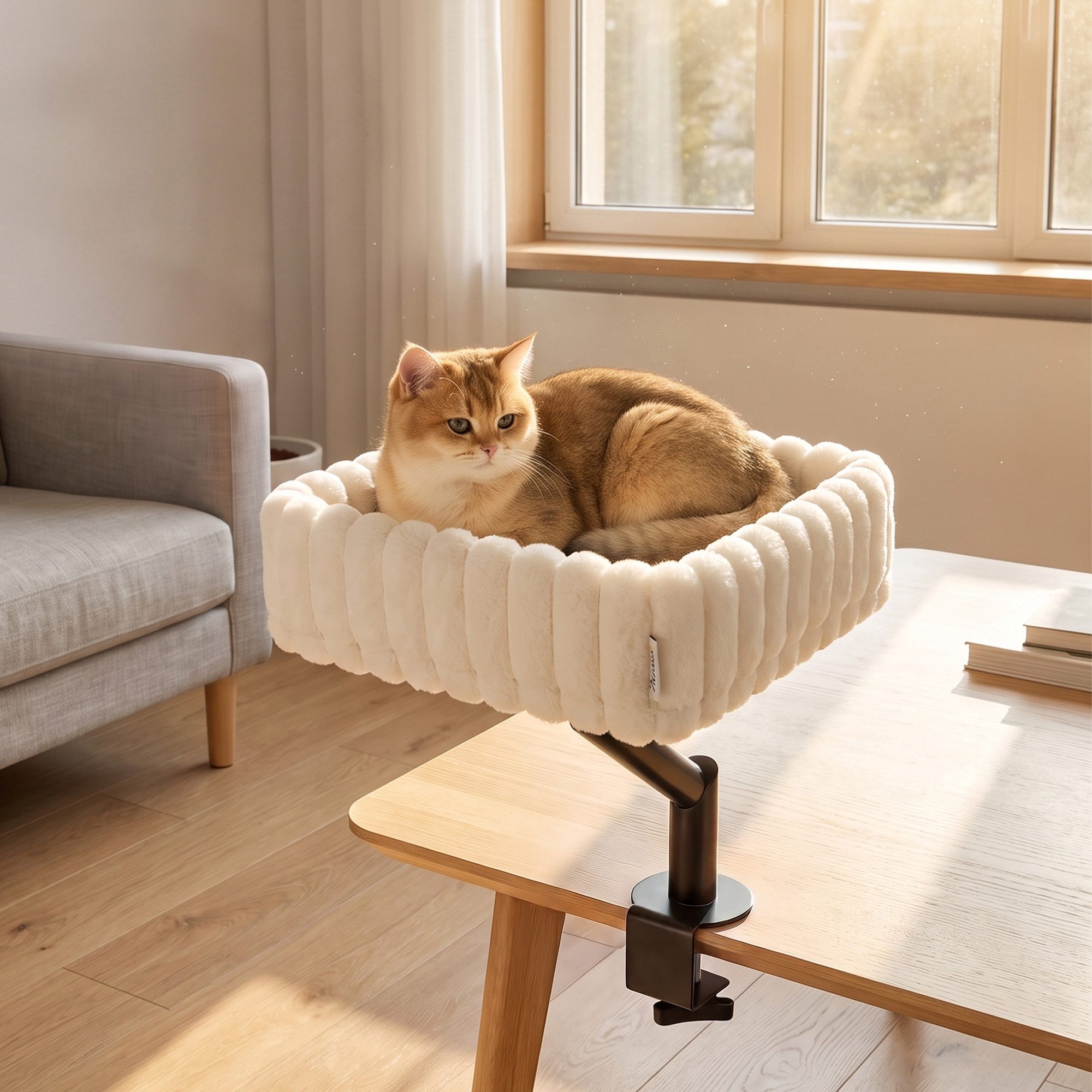 PawHut Tierbett Katzen-Schreibtischbett, Katzenbett für Schreibtisch mit 360°Drehung, Plüsch, Hängeball verstellbare Klemme, für Katzen unter 6 kg
