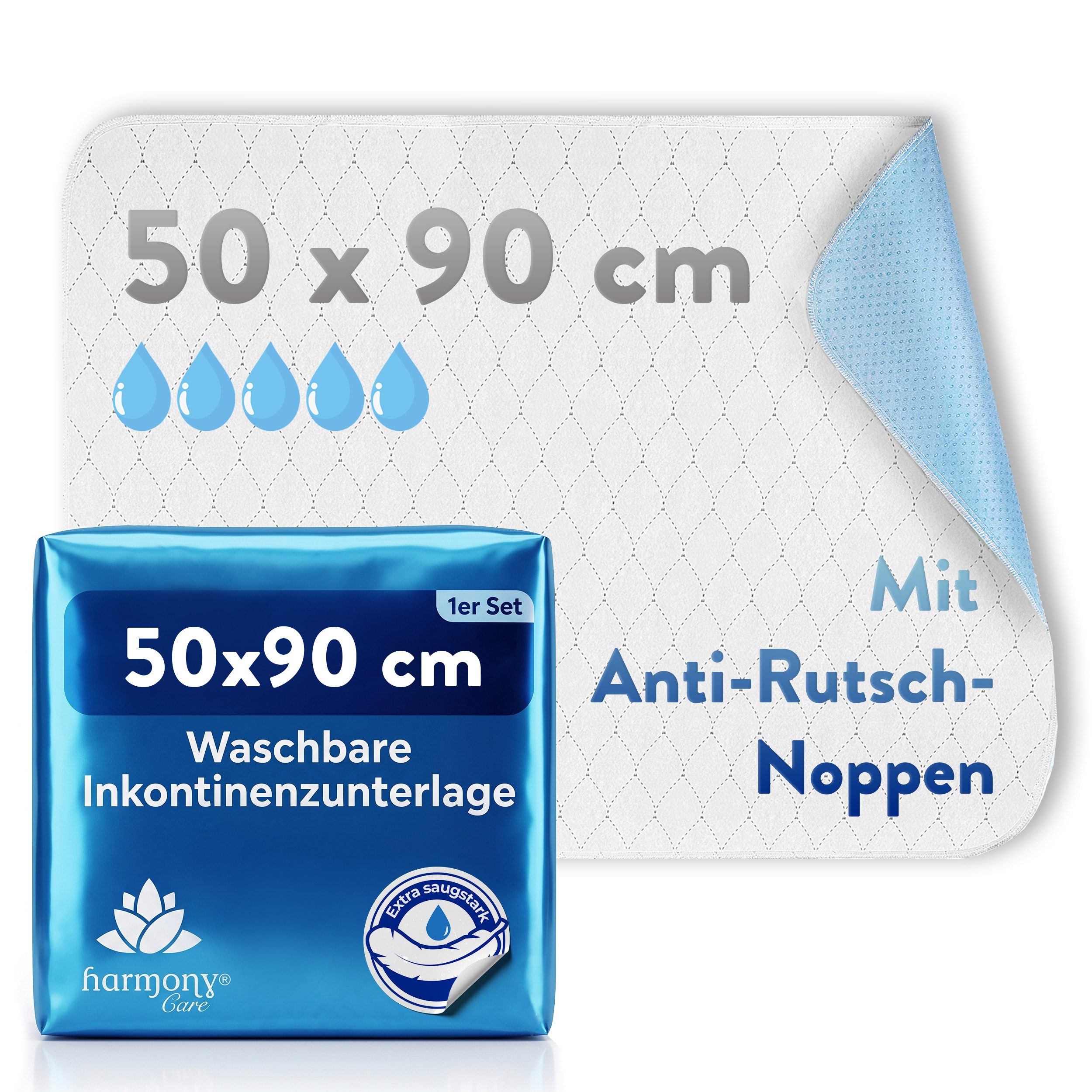Inkontinenzauflage wasserdicht, Inkontinenzunterlage waschbar, Matratzenschoner Harmony Care, Matratzenschutz, wasserdichte Betteinlage mit Anti-Rutsch Noppen