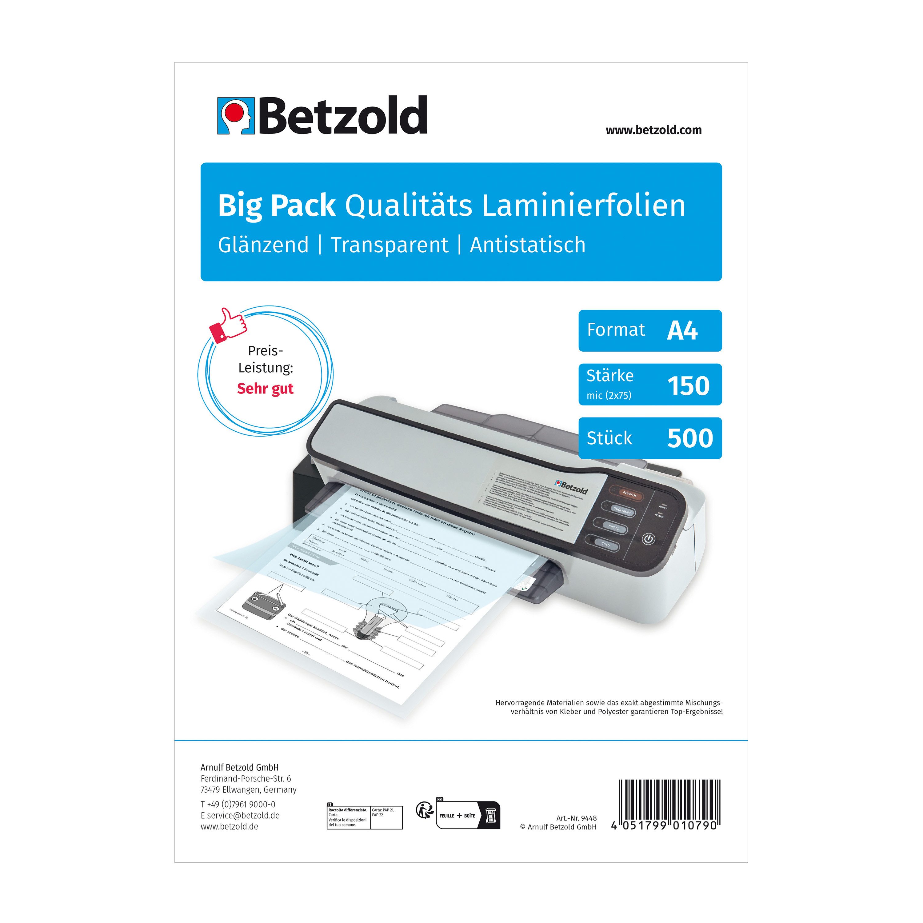 Betzold Schutzfolie Laminier-Folien A4 500 Stück Big-Pack 150 mic glänzend