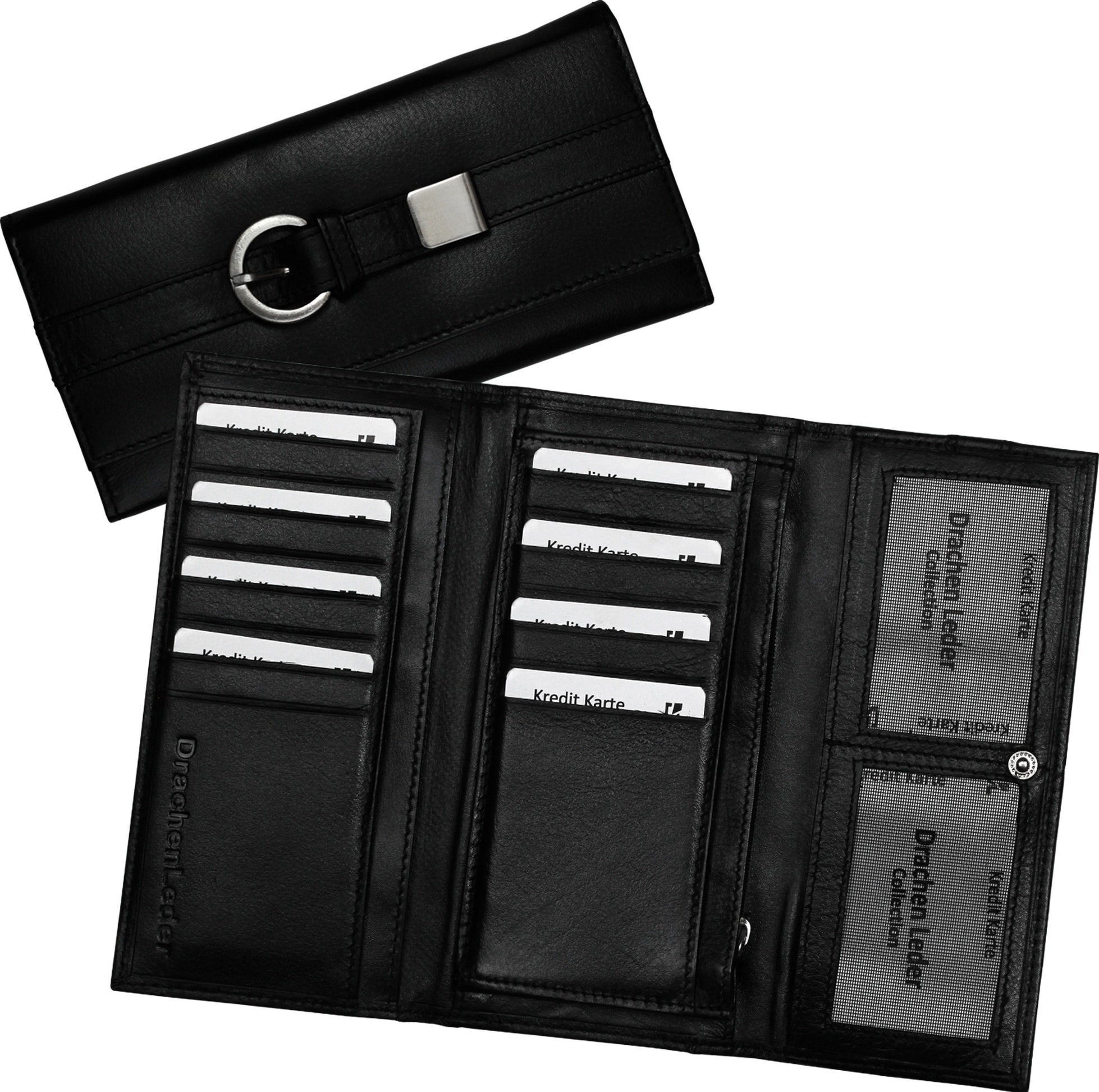 DrachenLeder Geldbörse »DrachenLeder Brieftasche« (Portemonnaie), Damen,  Jugend Portemonnaie Echtleder Größe ca. 18cm, schwarz, Gürtelschnalle