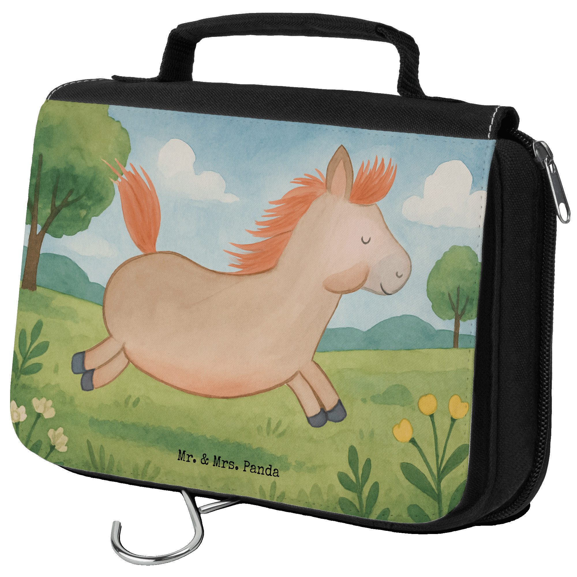 Mr. & Mrs. Panda Kulturbeutel Pferd Springen Design, Kosmetiktasche, Weiß, Stall, Kulturtasche, Bau (Packung, 1-tlg)