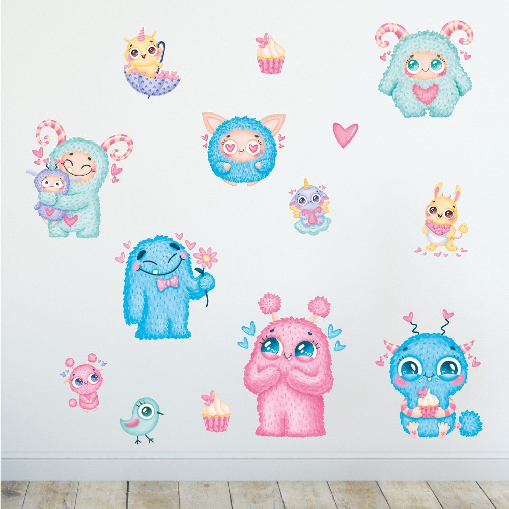Sunnywall Wandtattoo Cute Monster - Wandtattoo Kinderzimmer Baby Wandaufkleber (6 St), konturgeschnitten