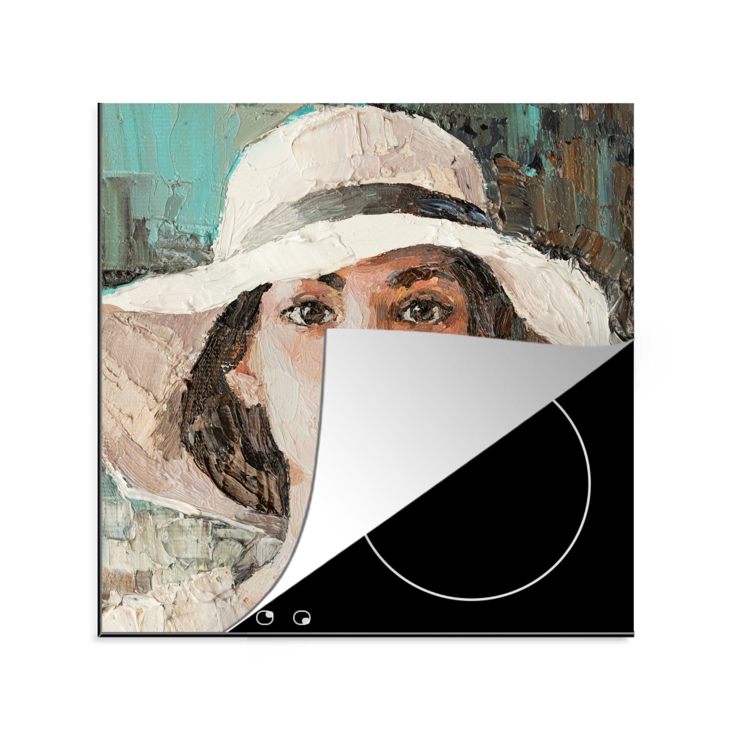 MuchoWow Herdblende-/Abdeckplatte Gemälde - Ölfarbe - Frau - Kaffee - Hut, Vinyl, (1 tlg), 78x78 cm, Ceranfeldabdeckung, Arbeitsplatte für küche