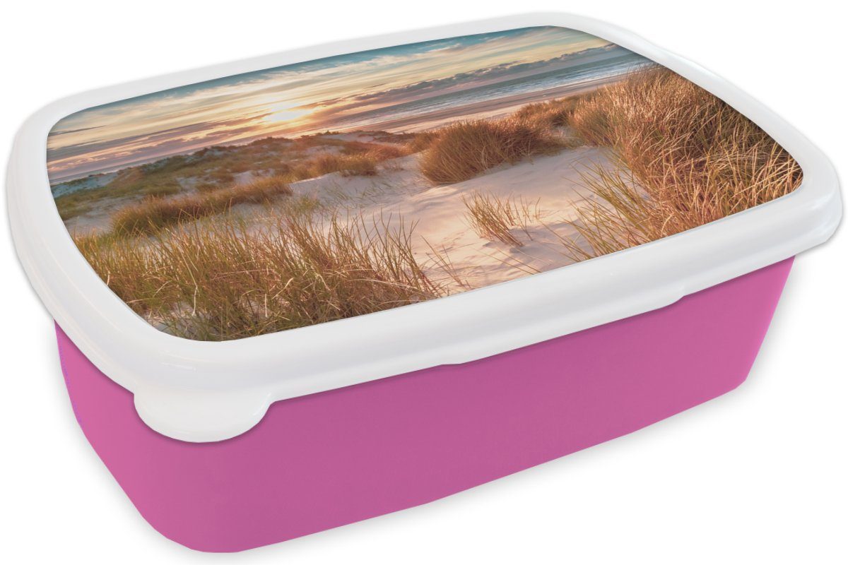 Kunststoff, Kinder, Lunchbox - rosa - - - Meer, Pflanzen Mädchen, Brotdose MuchoWow Düne (2-tlg), Snackbox, für Strand Erwachsene, Kunststoff Brotbox Sonnenuntergang