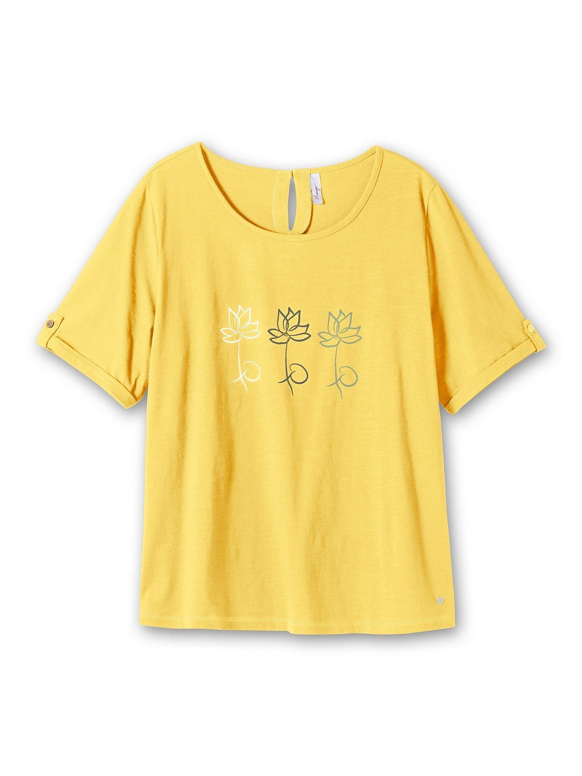 gelb T-Shirt aus Sheego Größen Blumen-Frontprint, mit Große Baumwolle