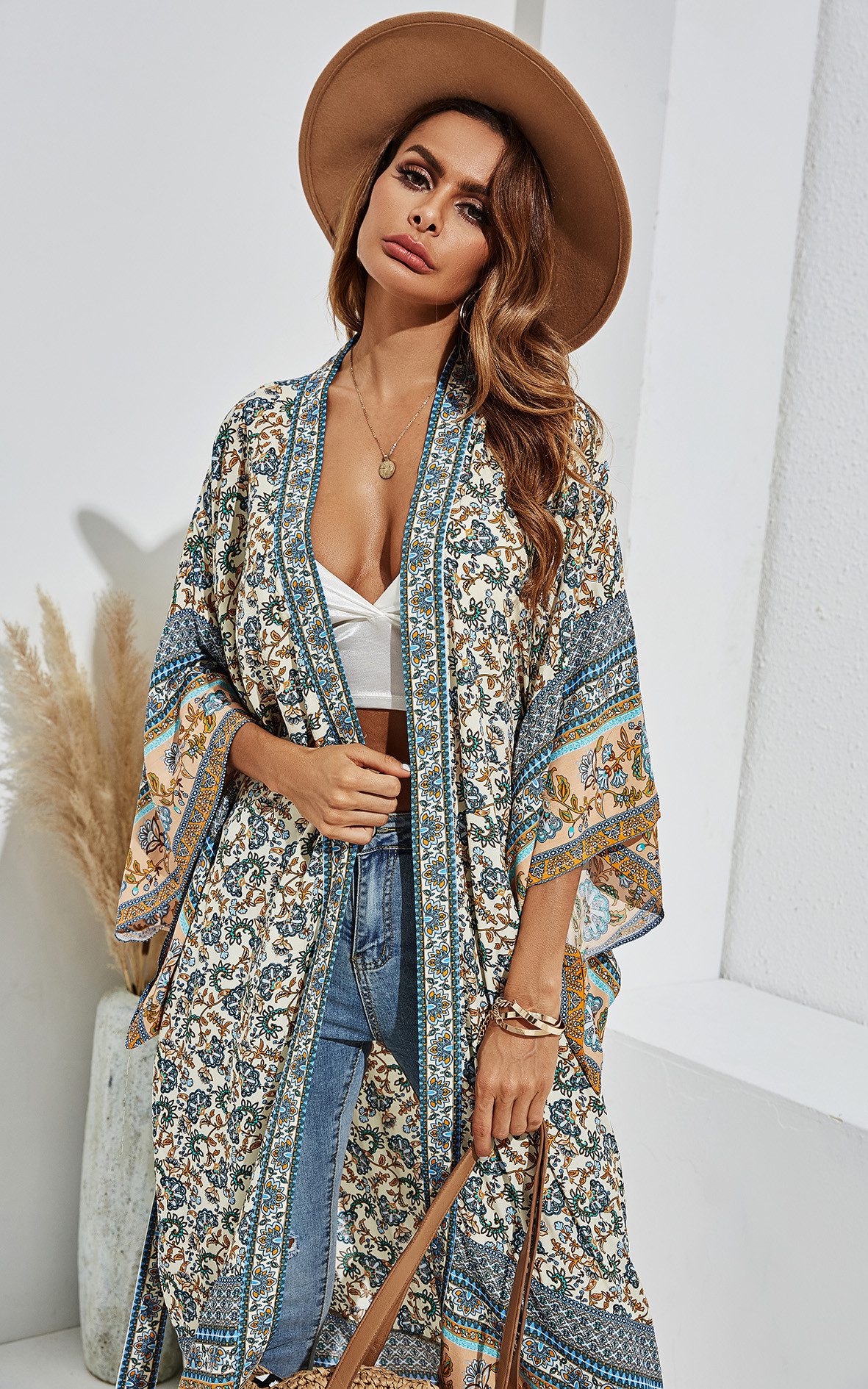 FS Collection Blusenkimono Luftiger Blusenkimono mit Bindegürtel - Lässiger Baumwollkimono (XS (EU:36 / UK:8) · S (EU:38 / UK:10) · M (EU:40 / UK:12) · L (EU:42 – Bild 3 von 5