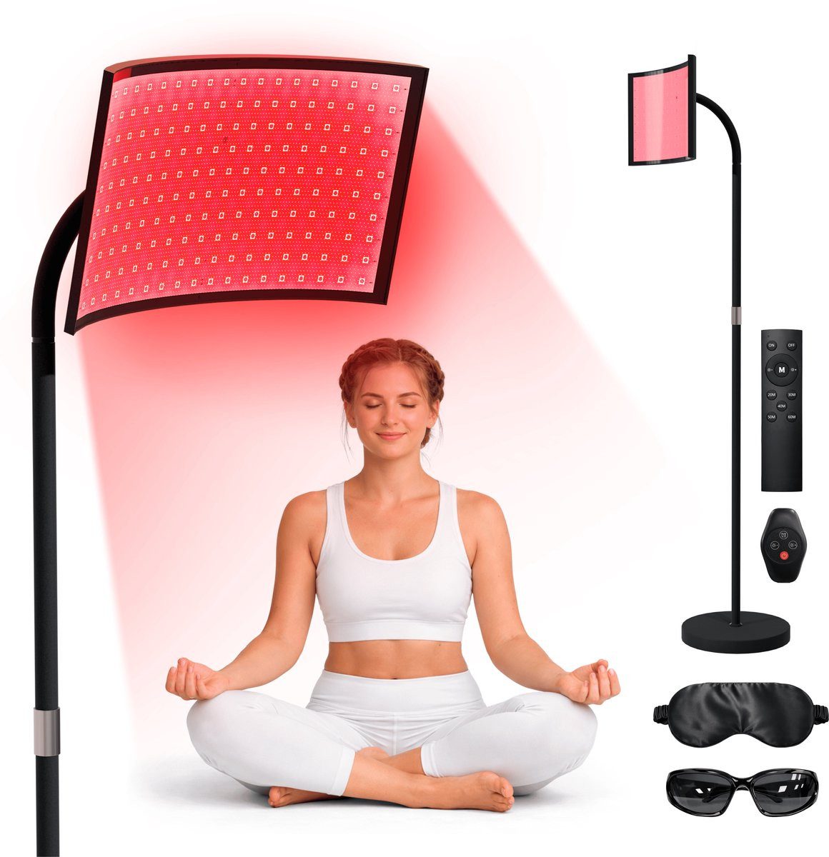 Vulpes Goods Infrarotlampe mit Standfuß Rotlichtlampe, Spar-Set, inkl. Schutzbrille & Schlafmaske, 162 LEDs und verstellbarer Ständer
