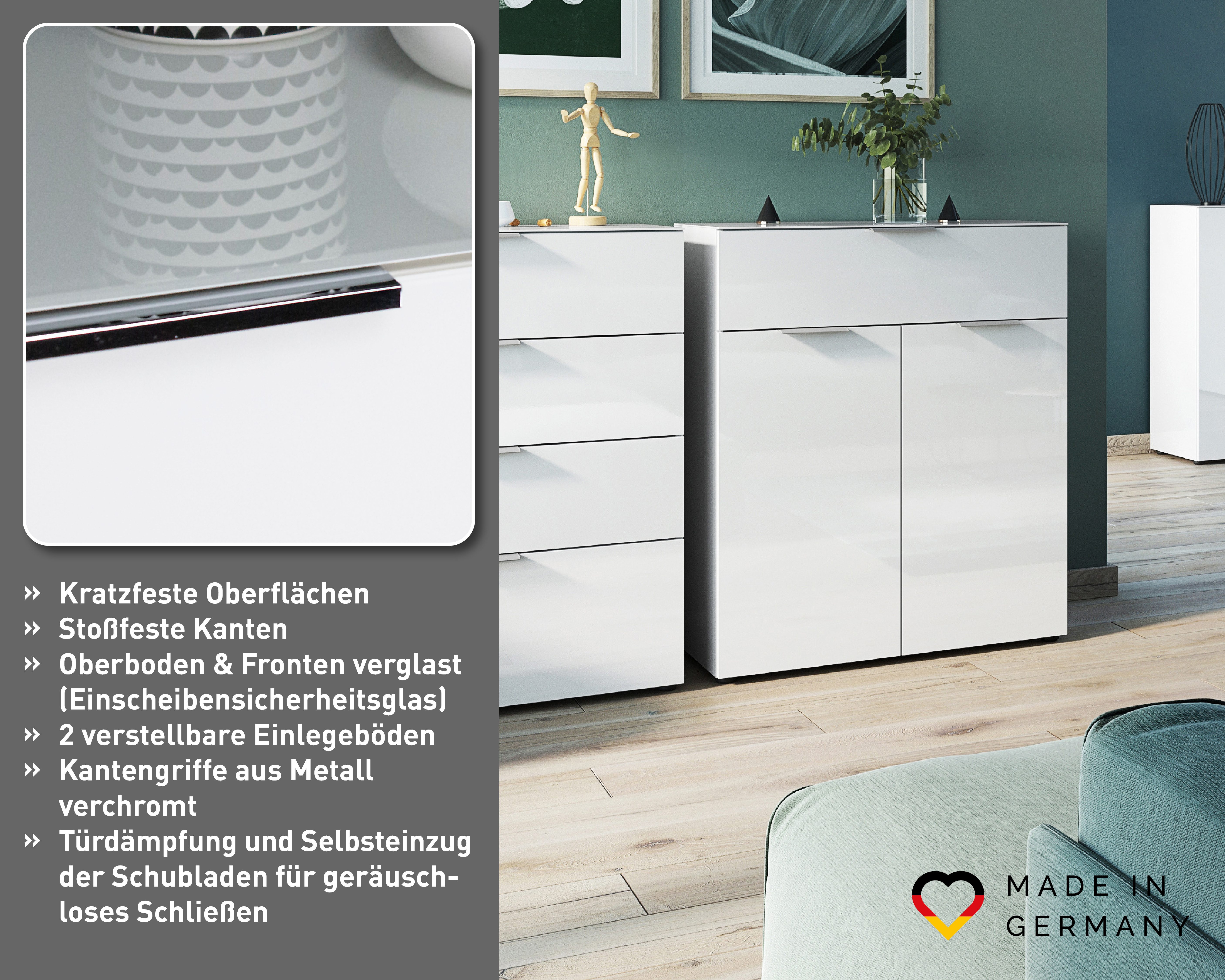 GERMANIA Kombikommode Oakland mit Glasauflagen, Breite 83 cm, mit Schubladen, in vers. Varianten