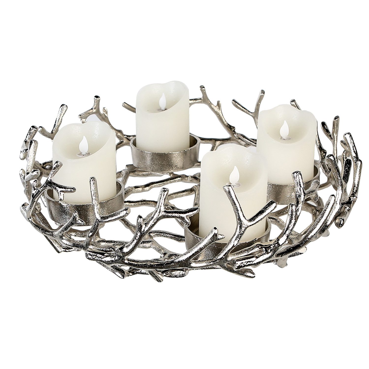 GILDE Adventsleuchter Adventsleuchter TWIGS - silber - Aluminium - Höhe 12cm x Ø 42cm (1x Adventsleuchter, Lichtträger - Kandelaber), Teelichthalter - Kerzenhalter - Leuchter - Kerzenständer
