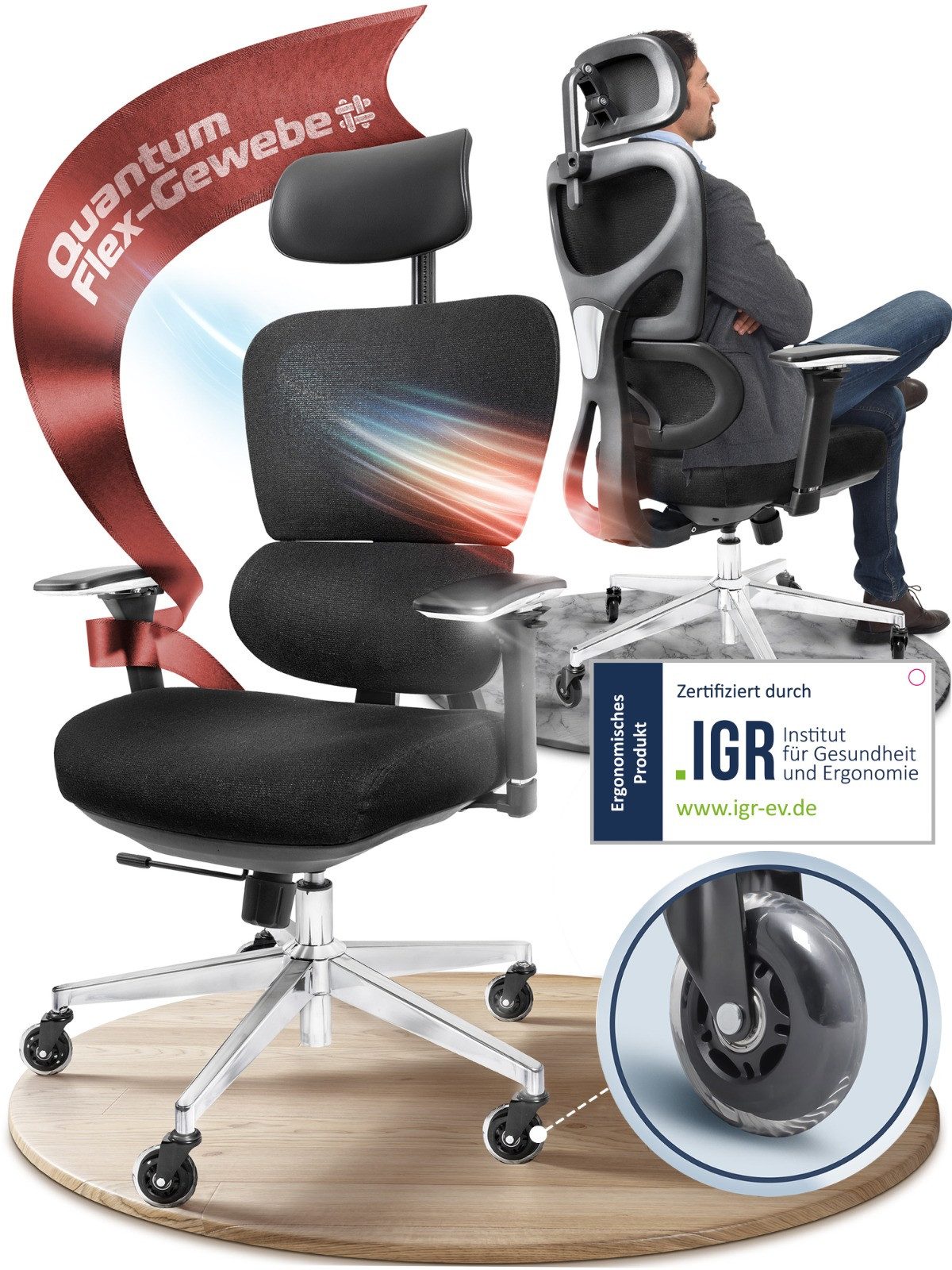 CLOUVOU Bürostuhl ProSeat Bürostuhl, Schreibtischstuhl, ergonomisch, Chefsessel (für Arbeitszimmer, QuantumFlex-Gewebe, 4D Chrom-Metallarmlehne), Blade Wheels, Homeoffice, Ergonomic Chair, Drehstuhl 150 kg