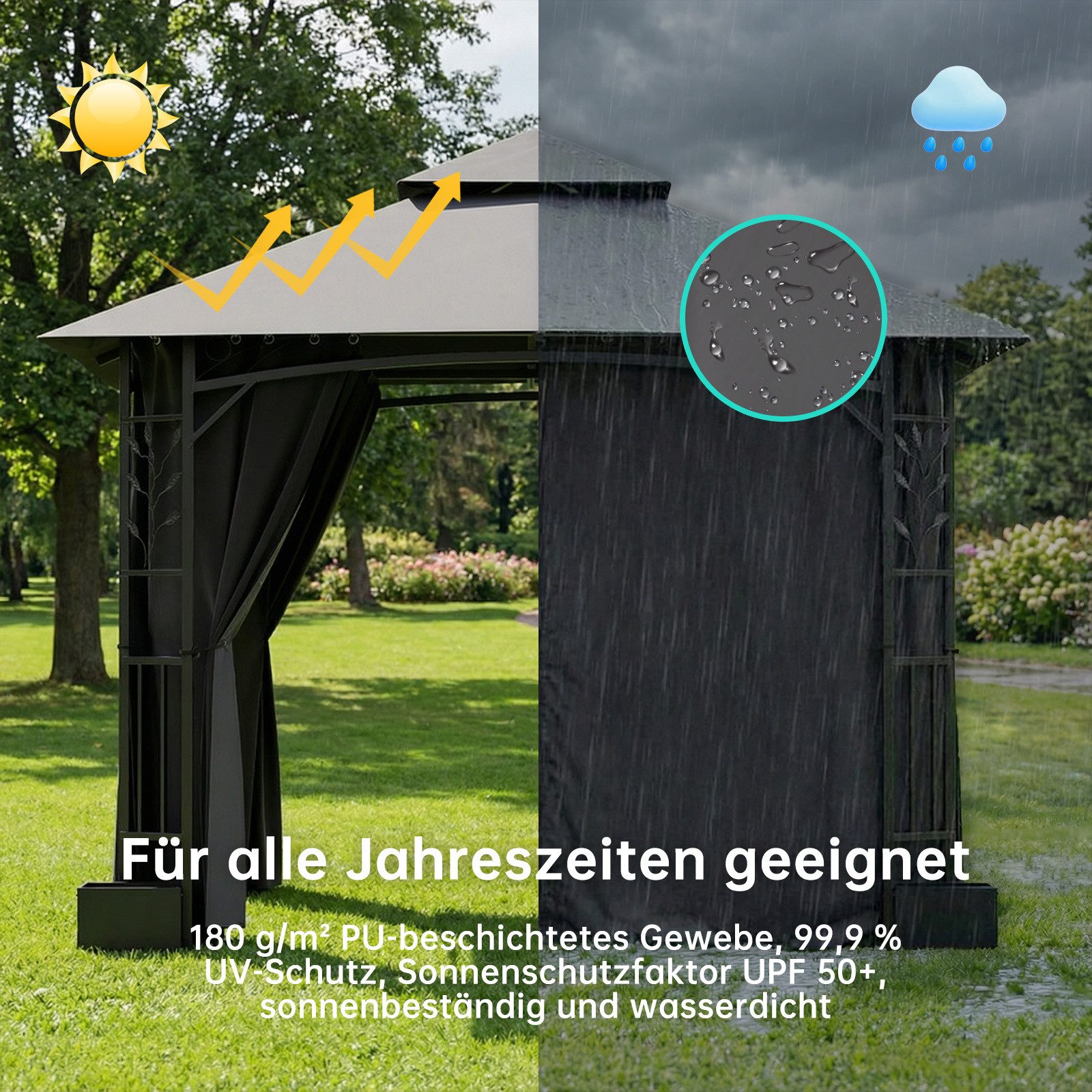 HOMALL Pavillon 300x300 Gartenpavillon mit Blumenkästen & Seitenteilen, UV-Schutz 50+, mit 4 Seitenteilen, (Wasserdicht und UV-Schutz 50+, Tragetasche mit Rollen, höhenverstellbar), Winterfest und wasserdicht gartenzelt, Stabiler Eisenrahmen