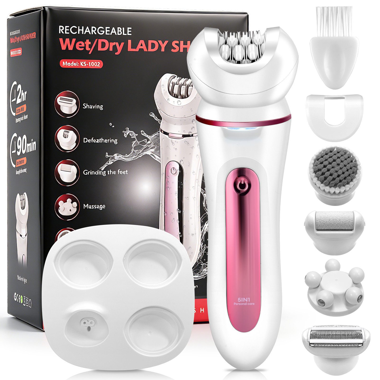 CkeyiN Pro Elektrokörperrasierer Intimrasierer für Frauen,Damenrasierer,Elektrischer Rasierer Damen, Kann unter fließendem Wasser abgewaschen werden, Aufsätze: 1, 5 Klingen,LED-Licht,IPX6 Wasserdicht,100 Min Laufzeit, für Gesicht/Beine/Körper/Bikinizone