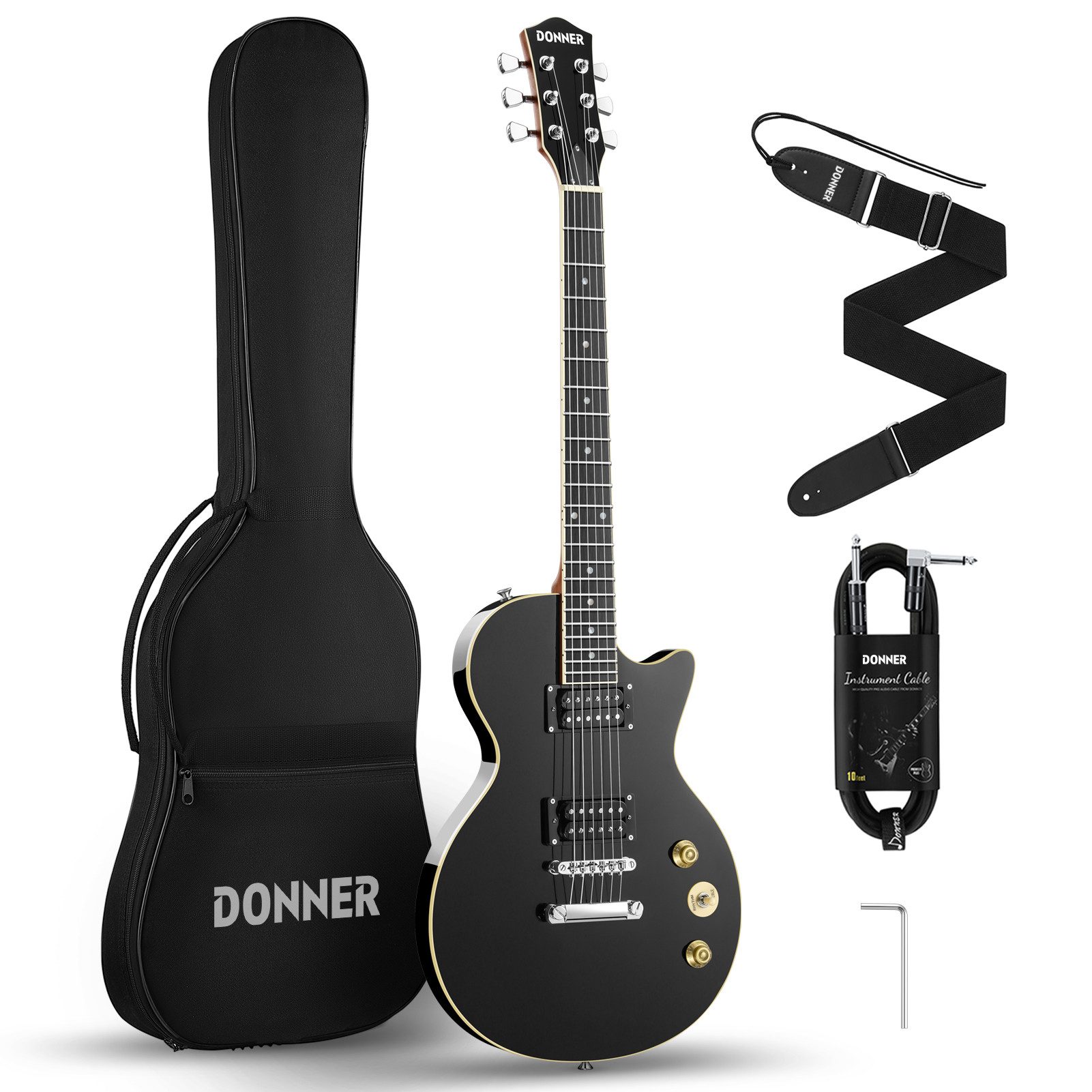 Donner E-Gitarre E-Gitarre Set E Gitarren LP-Stil 39 Zoll Voller Größe DLP-124B, Tasche, Gurt, Kabel, Tasche, Gurt, Kabel
