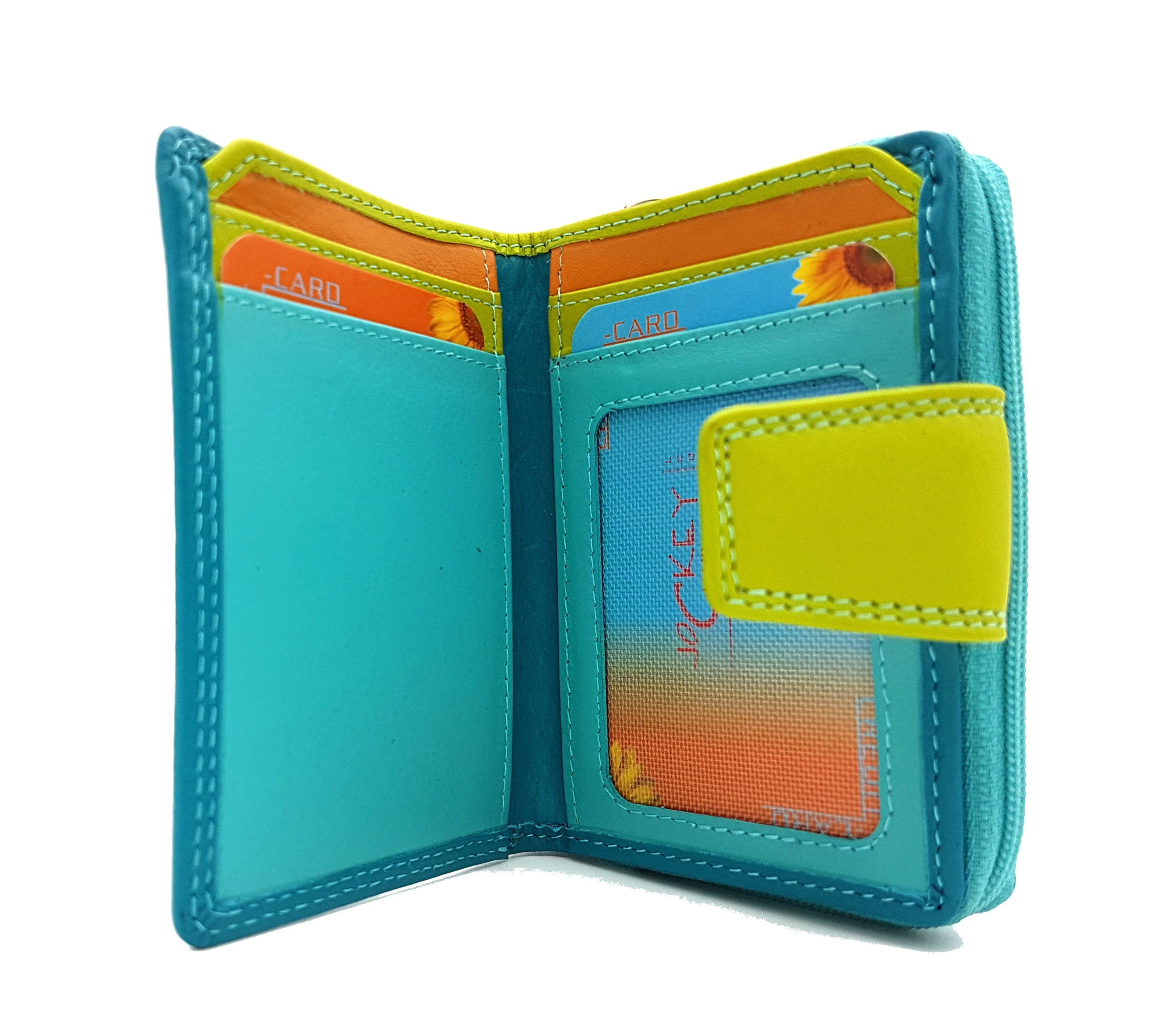 JOCKEY CLUB Mini Geldbörse Türkis Leder kleines echt Ausßenriegel RFID Rio, Portemonnaie mit tropische Farben, Reißverschlussmünzfach, Schutz