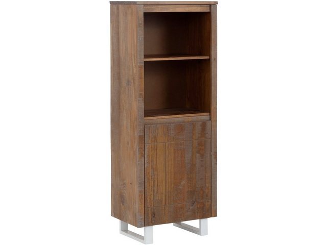 loft24 Bücherregal “Laslo”, Standregal mit Tür aus Kiefer Massivholz, Füße aus Metall, 140 cm Höhe