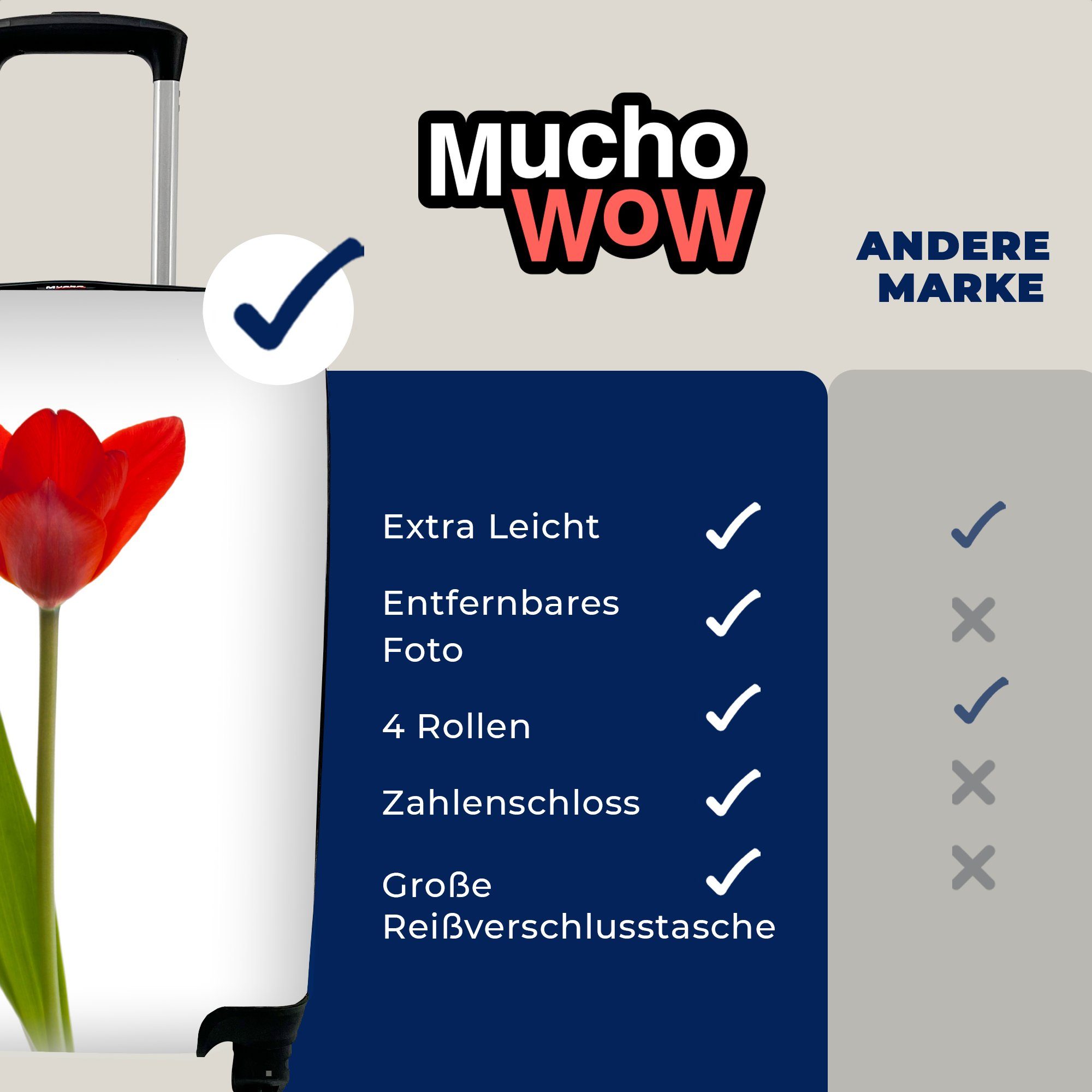 Trolley, 4 Hintergrund, Rote Handgepäck Tulpe Handgepäckkoffer mit weißem Ferien, Rollen, für rollen, Reisetasche Reisekoffer vor MuchoWow