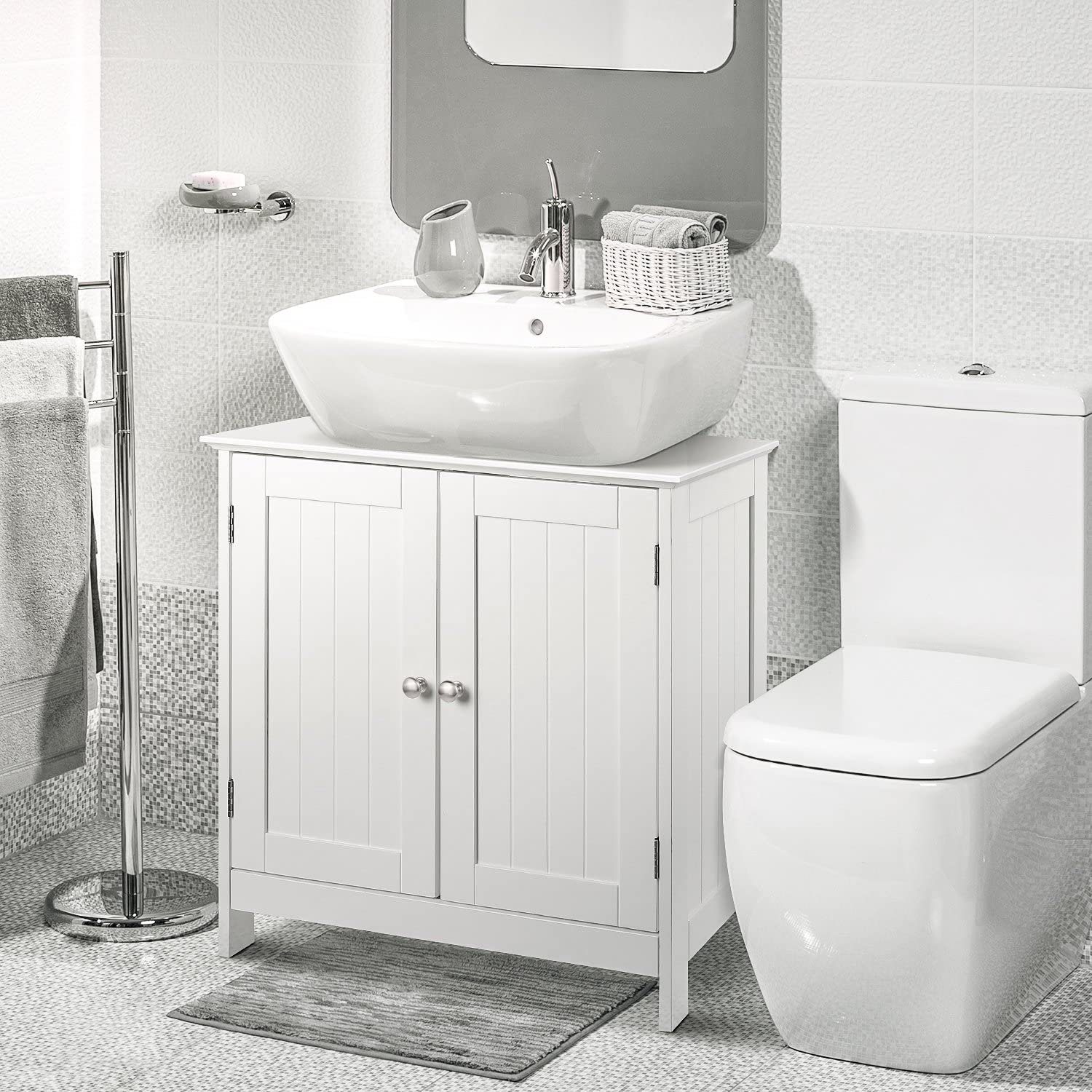 Homfa Waschbeckenunterschrank aus Holz, Badezimmerschrank weiß, Unterschrank, 60x30x60cm