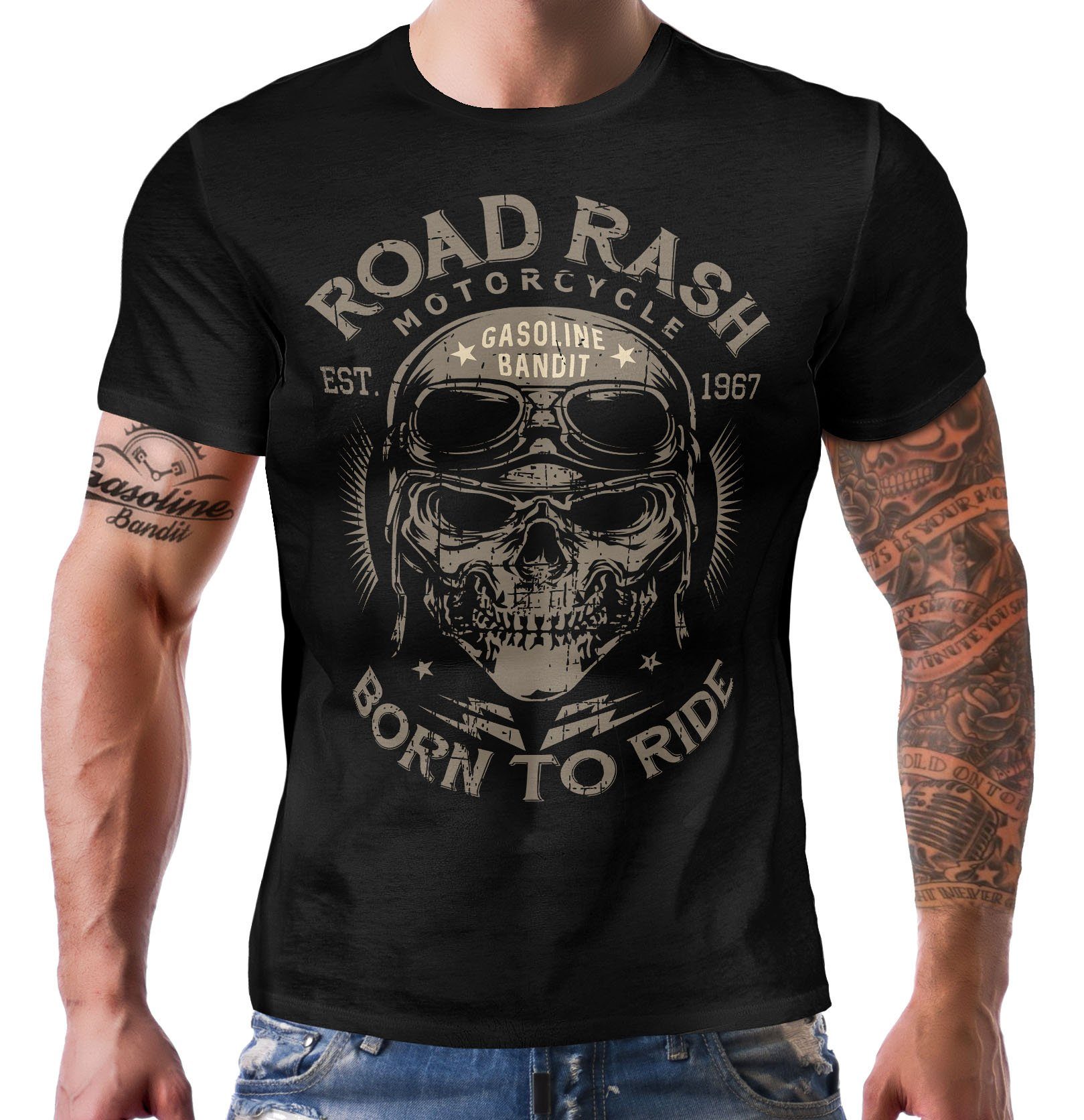 GASOLINE BANDIT® T-Shirt für Biker, Racer und Motorradfahrer: Road Rash - Born to Ride