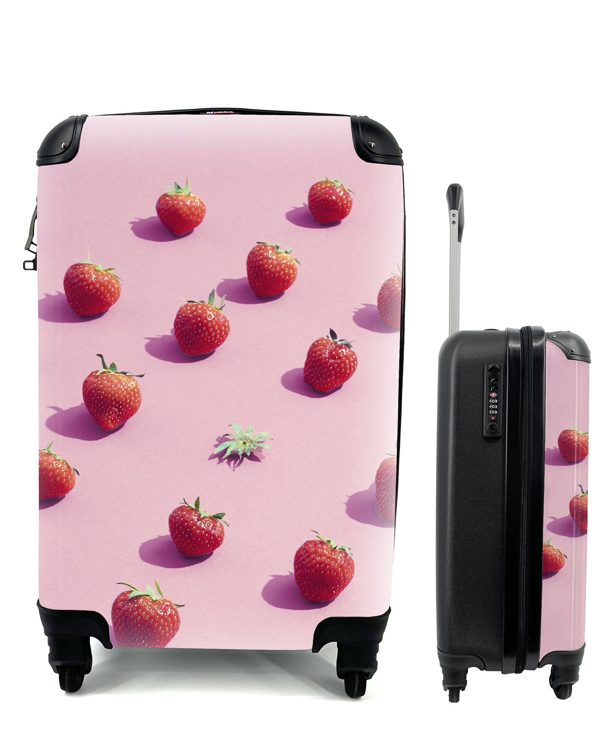 MuchoWow Handgepäckkoffer Erdbeere - Rosa - Obst, 4 Rollen, Reisetasche mit rollen, Handgepäck für Ferien, Trolley, Reisekoffer