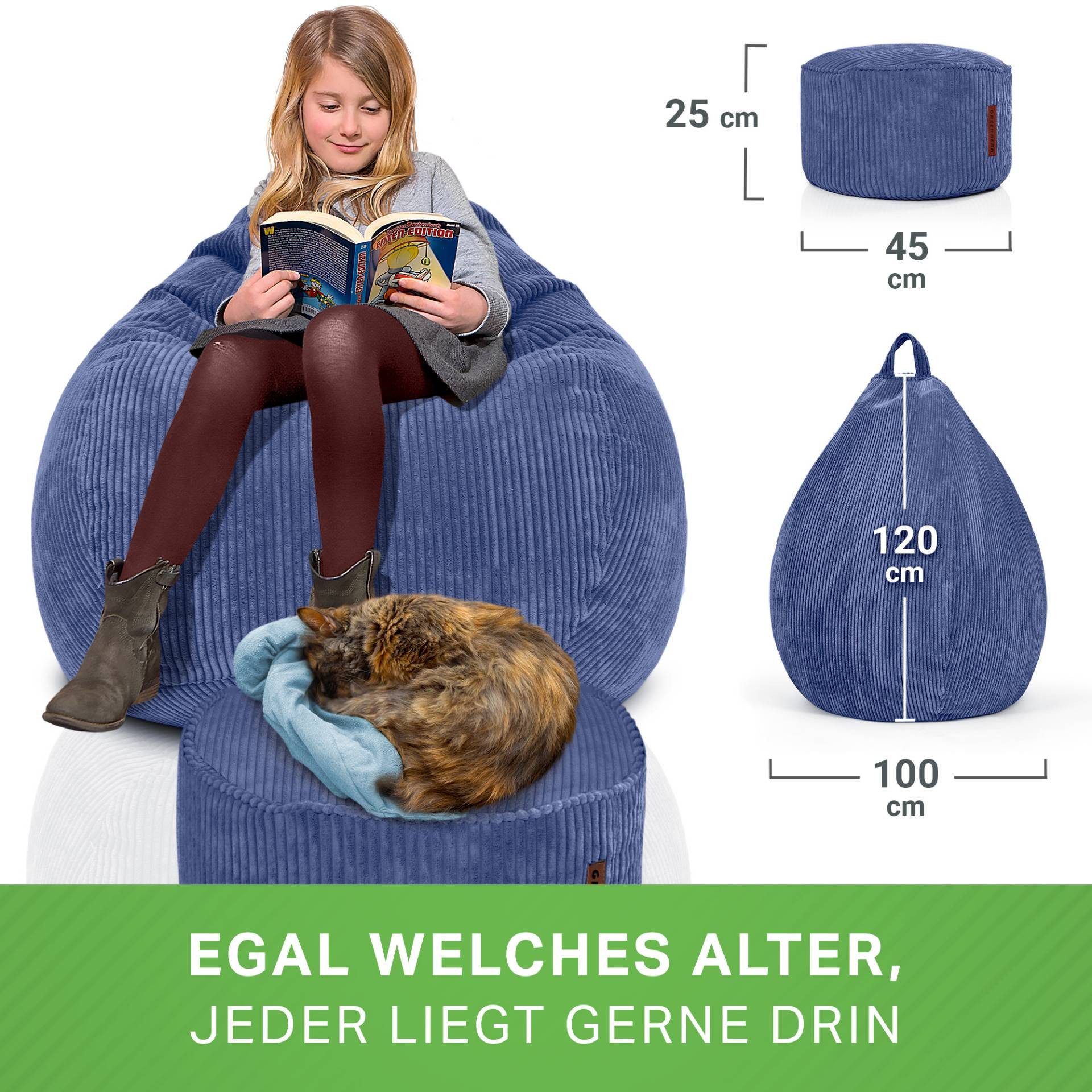 Green Bean Sitzsack XXL Sitzsack Scoop + Hocker aus Cord, Indoor Sitzkissen mit Sitzhocker, Relax Sessel