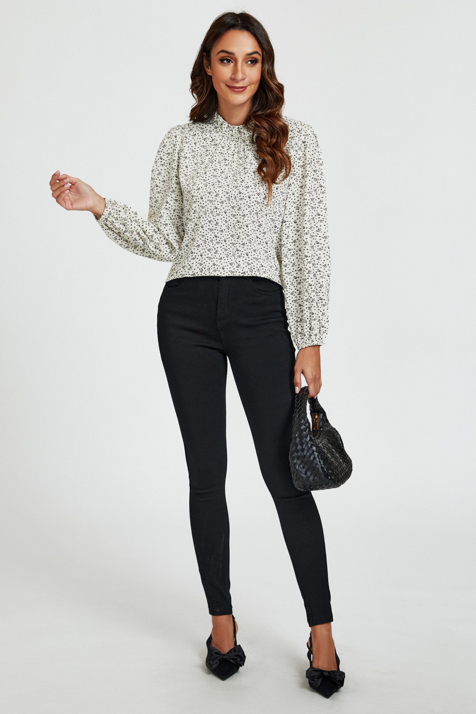 FS Collection Langarmbluse Damen Bluse hochgeschlossenes Oberteil mit Rüschendetail & Blumendruck (XS (UK 8 / EU 36) S (UK 10 / EU 38) M (UK 12 / EU 40) L (UK 14 / EU 42) XL (UK 16 / EU 44, 7 Farben) Leicht, Glatt, Formbeständig und angenehm zu tragen