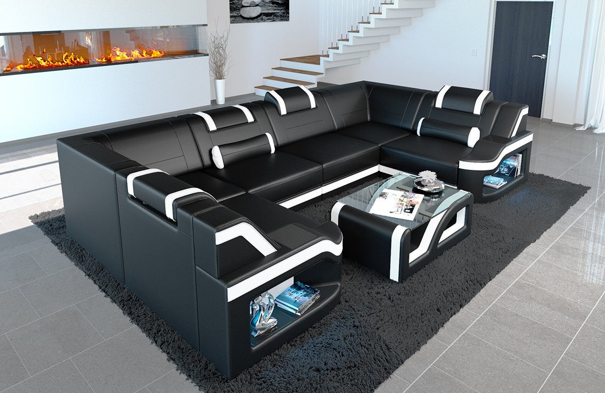 Sofa Dreams Wohnlandschaft Ledercouch Sofa Leder Padua U Form Ledersofa, Couch, mit LED, wahlweise mit Bettfunktion als Schlafsofa, Designersofa