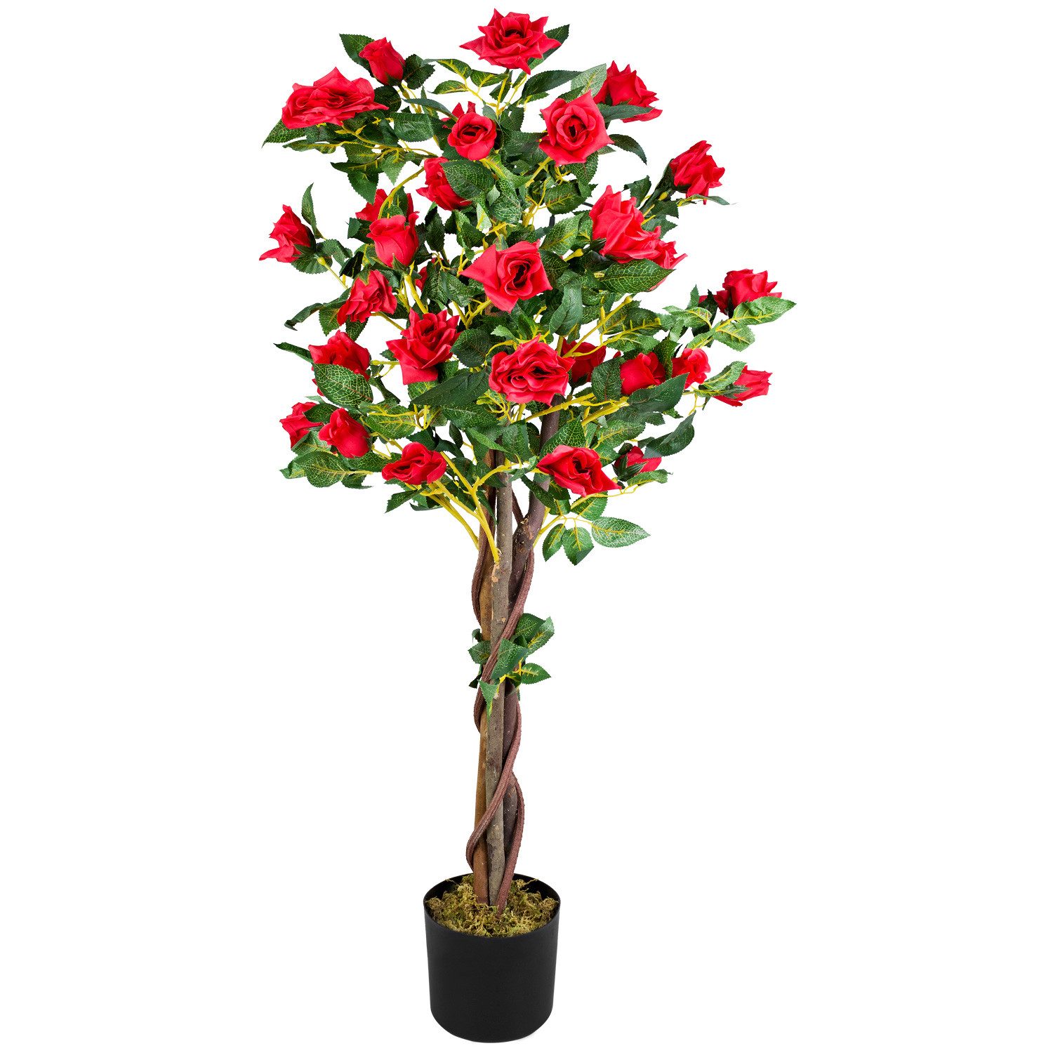 Kunstblume Rose Rosenbusch Rosenstock Künstliche Pflanze Rot Echtholz 120 cm Rose, Decovego, Höhe 120 cm