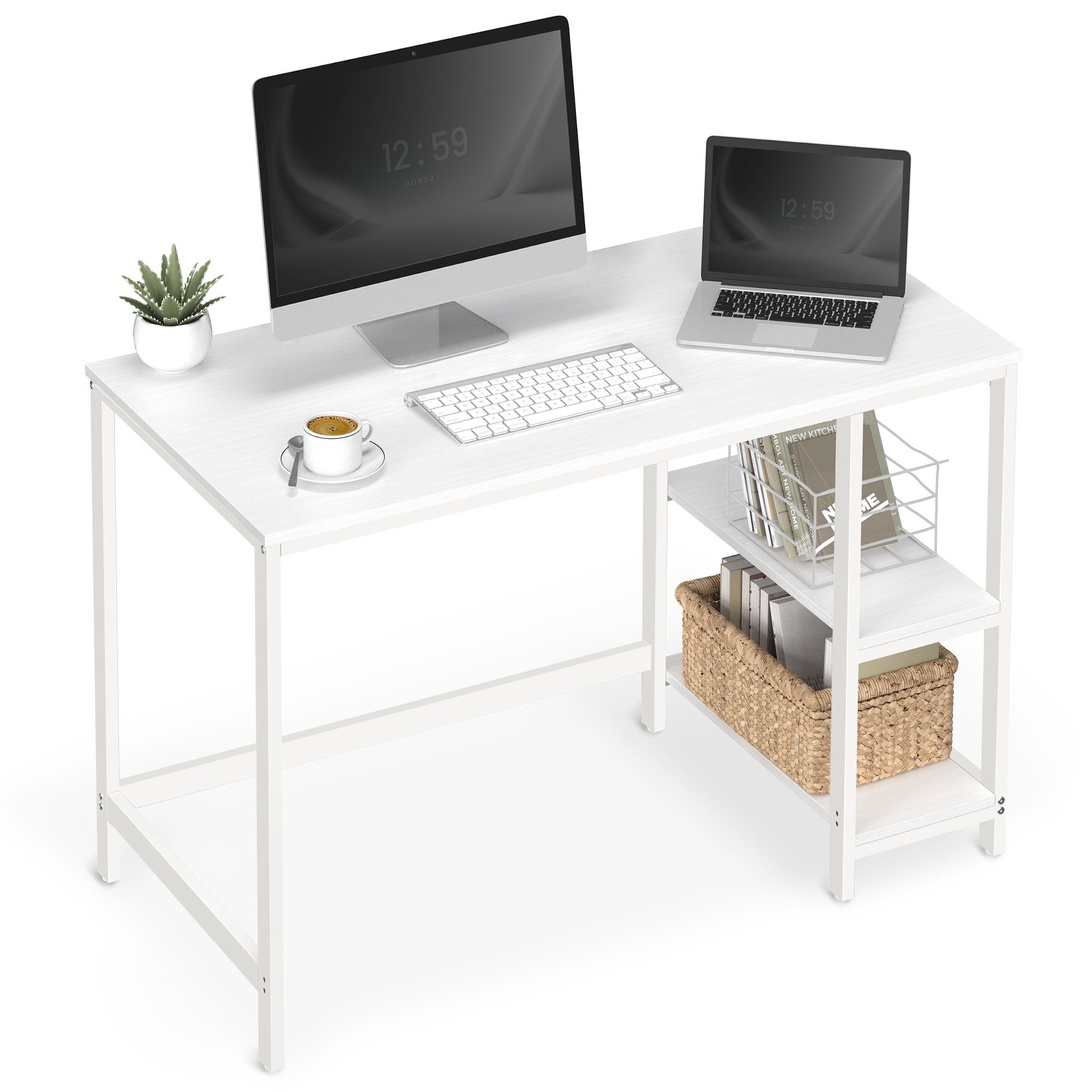 Computertisch, Bürotisch cm weiß VASAGLE Schreibtisch 120x60x75 | mit Ablagen weiß | 2 weiß