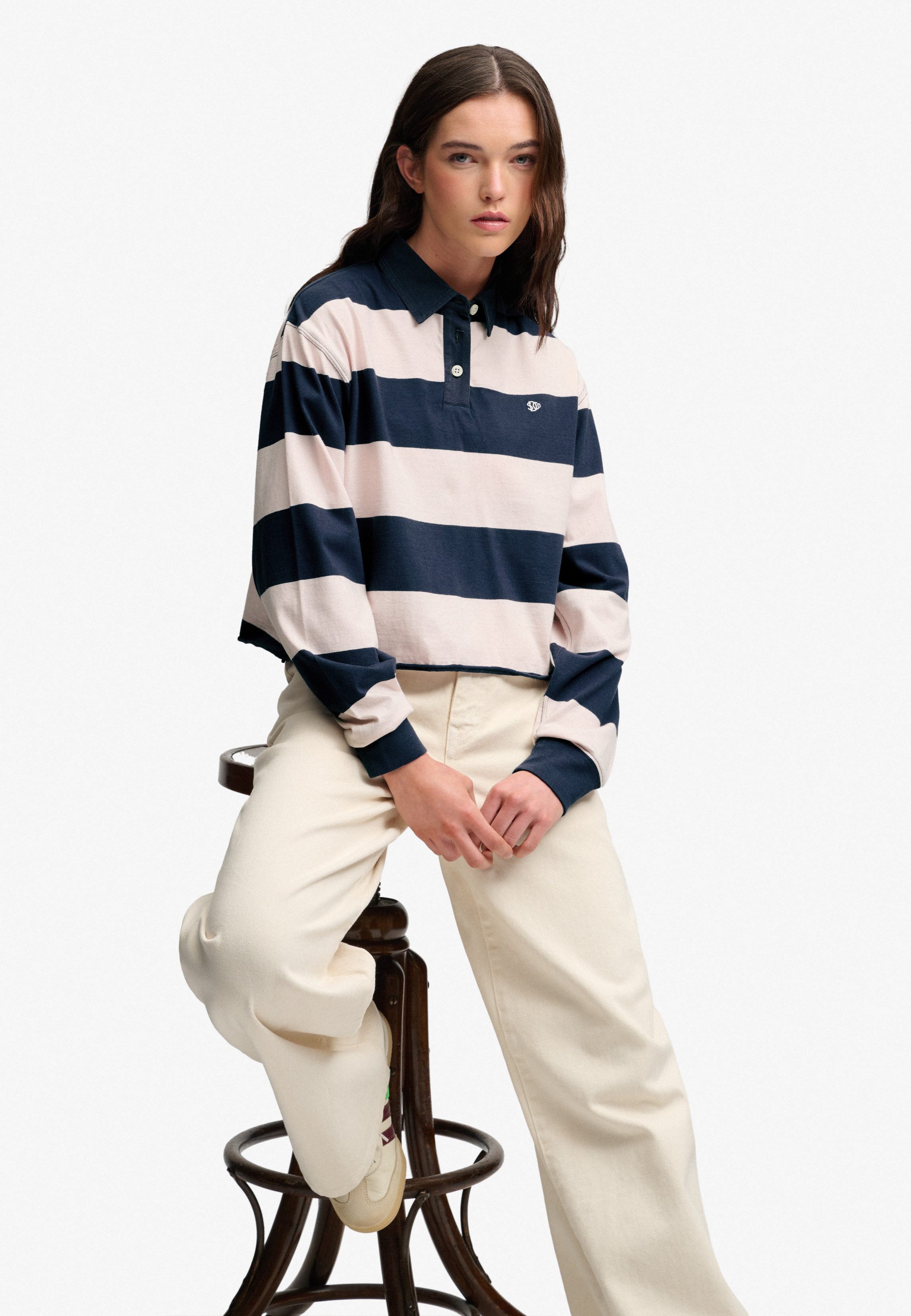 Superdry Langarm-Poloshirt ATH ESS CROPPED STRIPE RUGBY Baumwolle, oversize, cropped fit