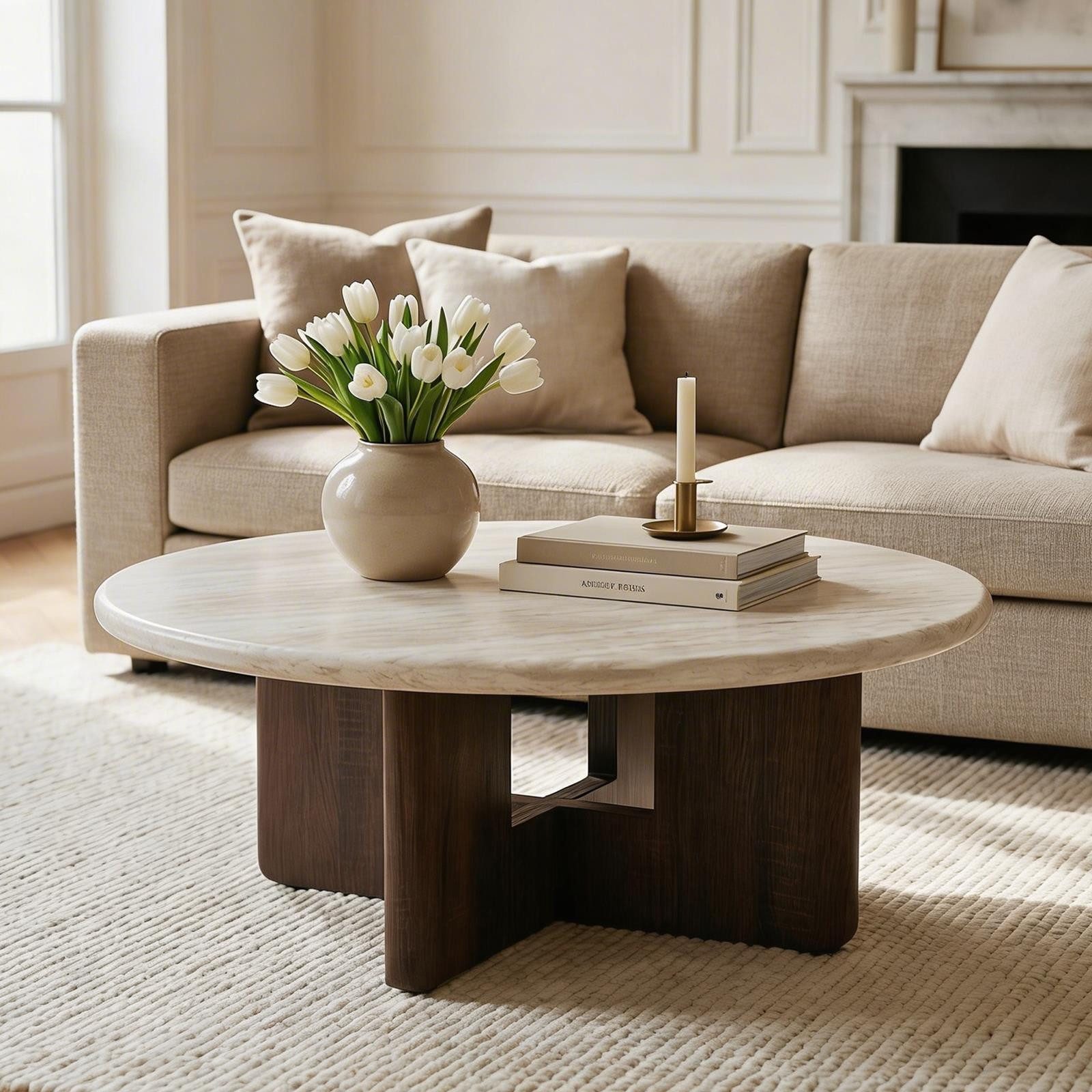 IDIMEX Couchtisch STOL, Beistelltisch 80 cm mit Travertinoptik-Tischplatte Beige/Nussbaum