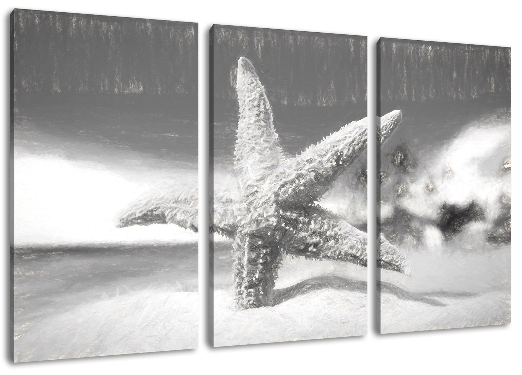 3Teiler Sandstrand, (1 fertig St), Seestern Zackenaufhänger Leinwandbild bespannt, Sandstrand Seestern (120x80cm) Leinwandbild inkl. Pixxprint