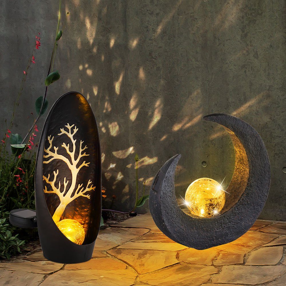 für Gartendeko LED-Leuchtmittel Solarlampen fest verbaut, Solarleuchte, Solarleuchte Skulptur 2x LED Mond Außen Globo
