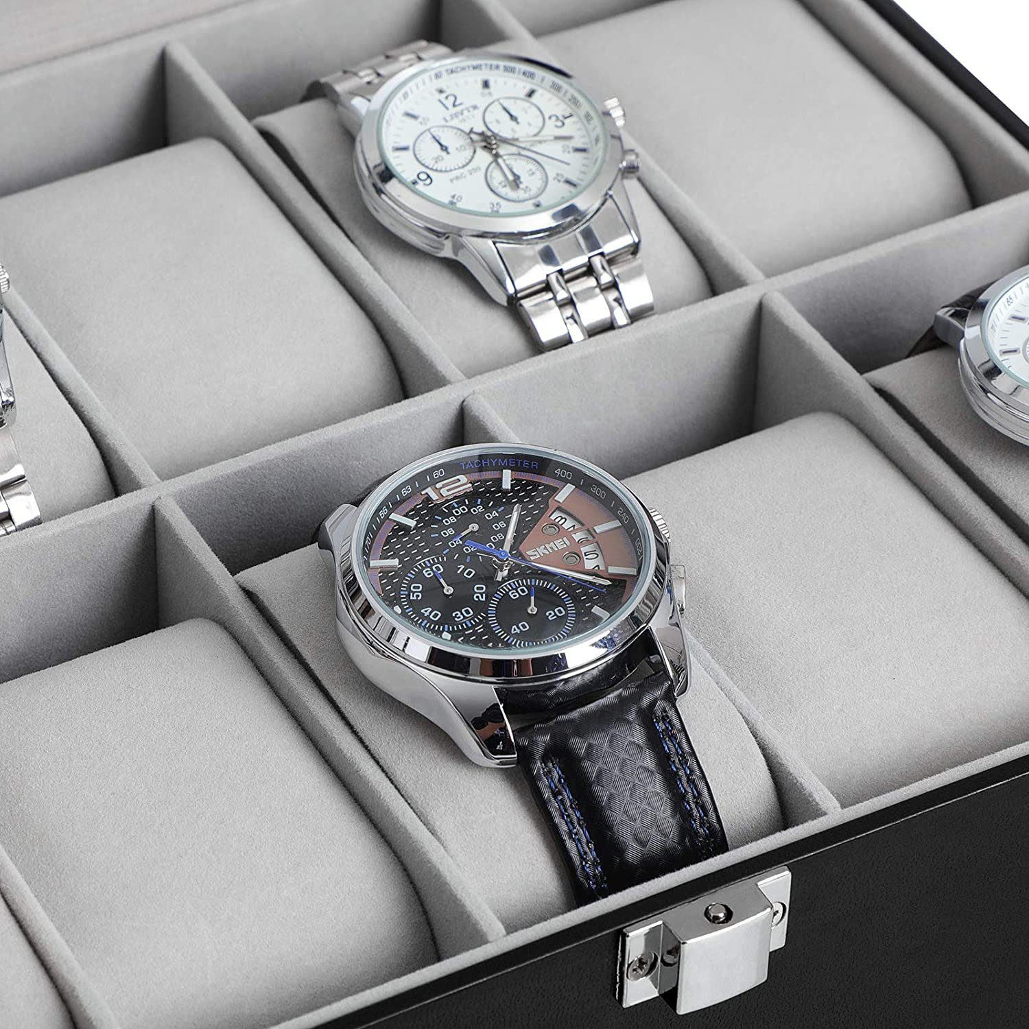 Uhrenkasten Schwarz mit x Herausnehmbaren Uhrenbox 7,8 Glasdeckel, mit mit PU, SAMT-Innenfutter, 10 x 25,4 20,2 Grau, Metallverschluss, zggzerg aus Uhrenkoffer cm Uhrenkissen, Uhrenbox Fächern,
