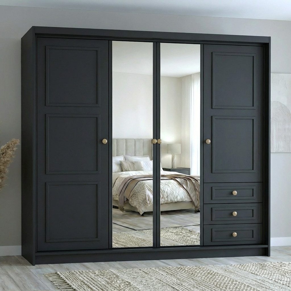 A&J MöbelLand GmbH Drehtürenschrank OSLO viertüriger Kleiderschrank mit Schubladen und Metallgriffen (Geräumiger viertüriger Kleiderschrank mit Schubladen und Metallgriffen. Geräumiger Schrank mit einer Breite von 200 cm und Schubladen, ideal zur Aufbewahrung von Kleidung und Accessoires. Viel Stauraum. TOP PRODUKT! Wählen Sie das ideale Modell für Ihr Schlafzimmer!, TOP ANGEBOT) Breite: 200 cm, Höhe: 215 cm, Tiefe: 59,5 cm