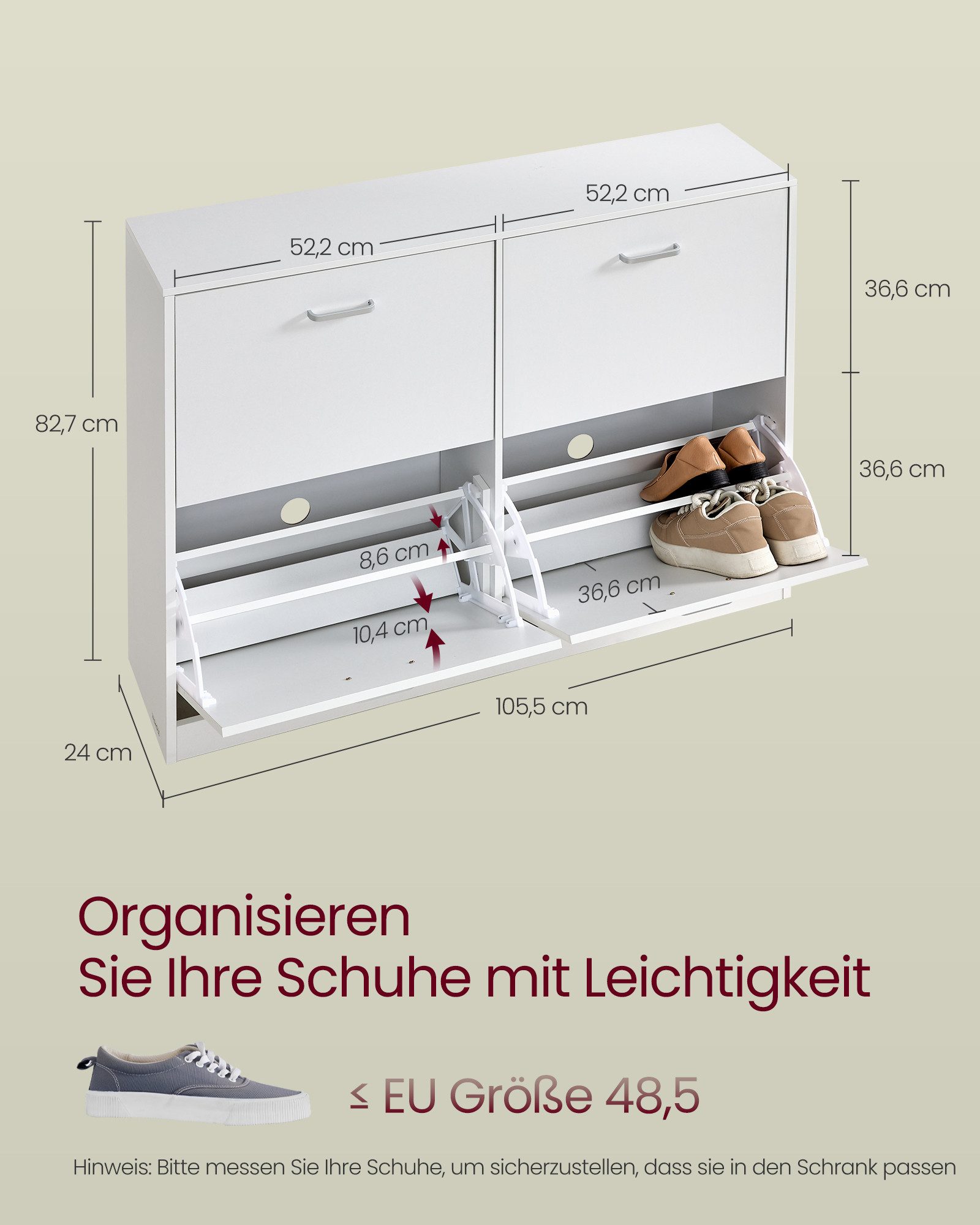 VASAGLE Schuhschrank 4 Klappen, Schuhkipper, Schuhregal, Flur, 24 x 105,5 x 82,7 cm Trennwand verstellbar, für 16-28 Paar Schuhe, EU-Größe bis 48,5