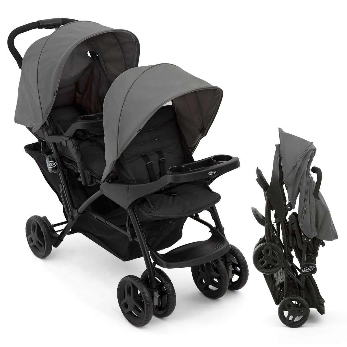 Graco Geschwisterwagen Stadium Duo - Titanium, Zwillingskinderwagen Geschwister Buggy Einhändig kompakt Faltbar