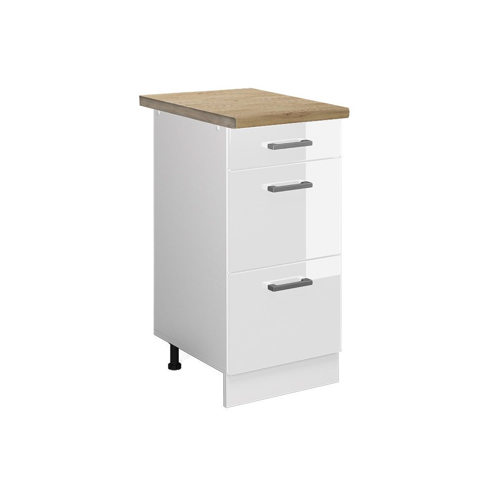 Vicco Unterschrank R-Line, Weiß Hochglanz/Weiß, 40 cm mit Schubladen, AP Eiche (1-St)