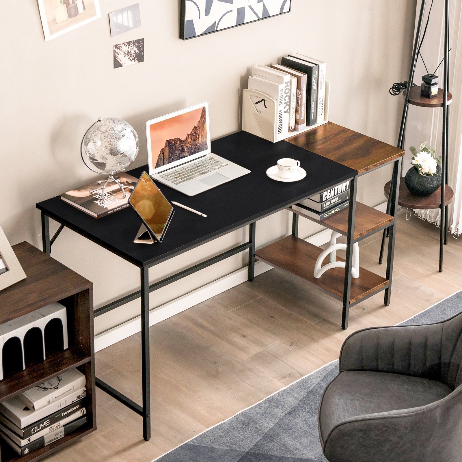 COSTWAY Schreibtisch, mit 2-stufiger Regale, Braun, 140cm zweifarbig, lang Schwarz