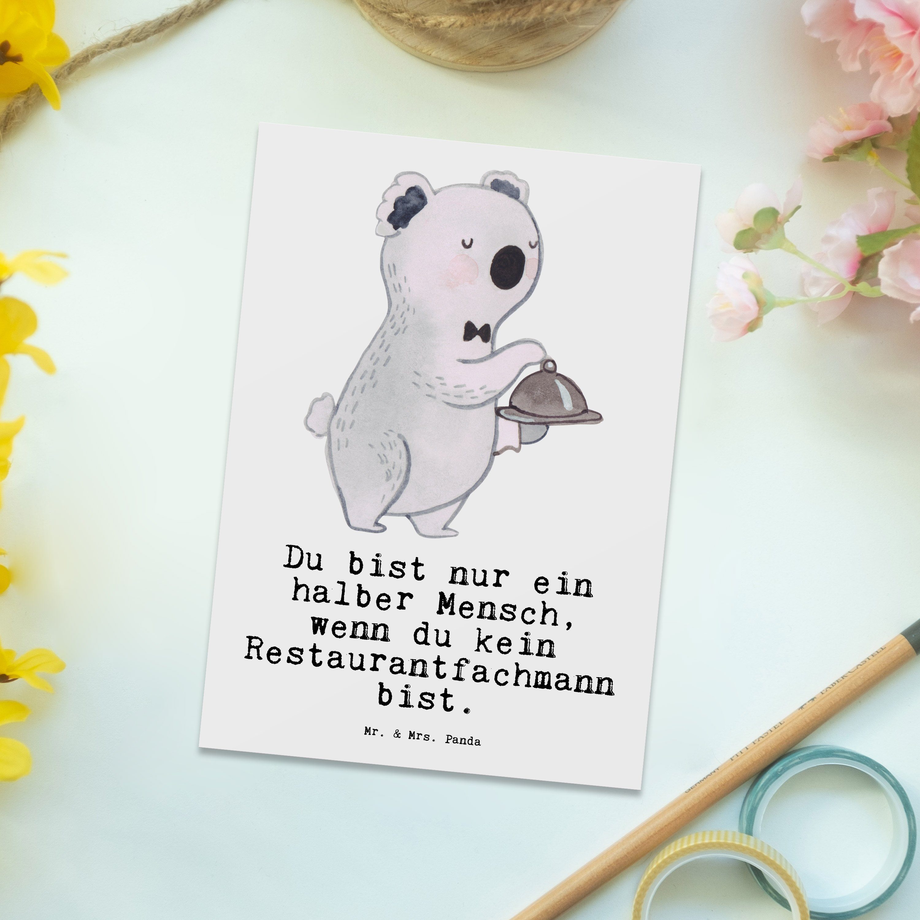 Mr. & Mrs. mit Panda Ausbildung, Geschenk, - Weiß - Restaurantfachmann Postkarte Herz Rente, Gru