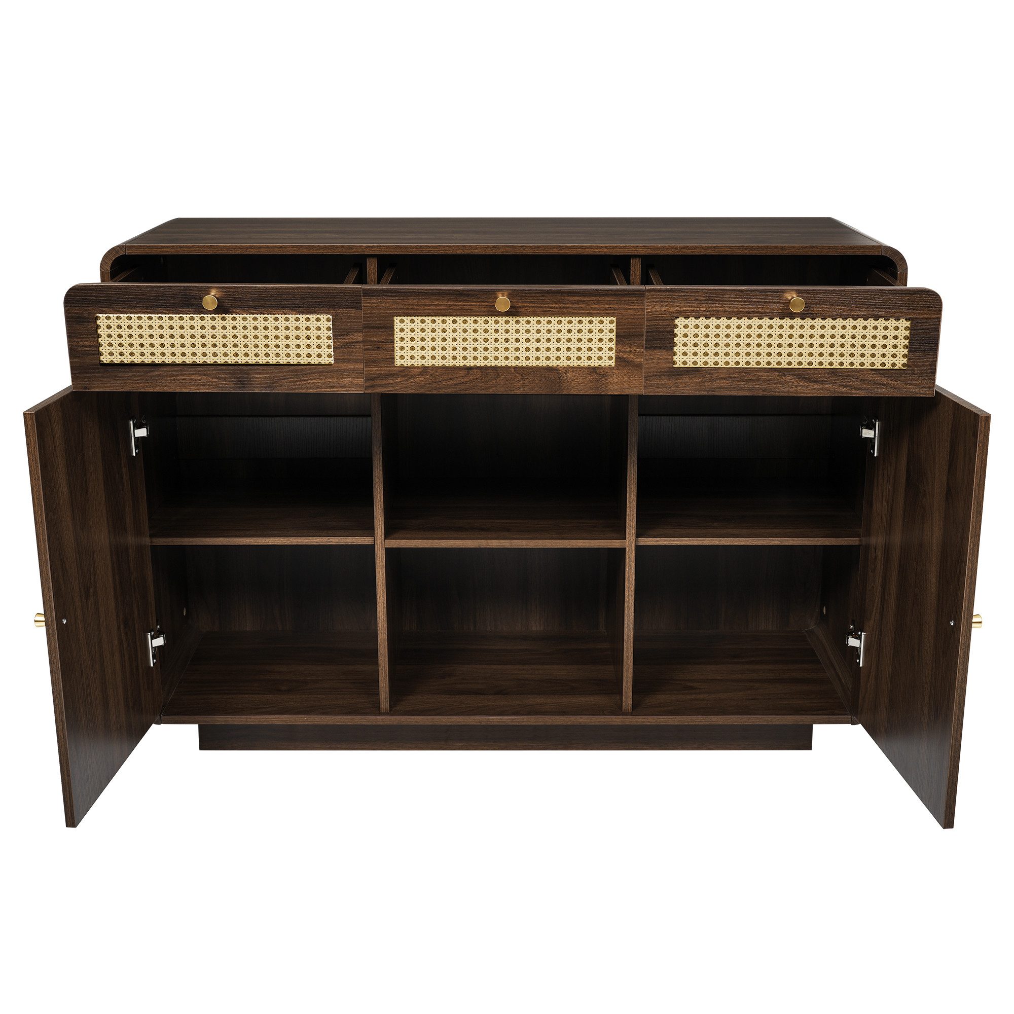 Flieks Kommode mit Rattan-Schubladen und verstellbaren Einlegeböden (1 St., H85/B120/T40 cm), Sideboard Mehrzweckschrank Holzschrank Nussbaumfarbe – Bild 4 von 5