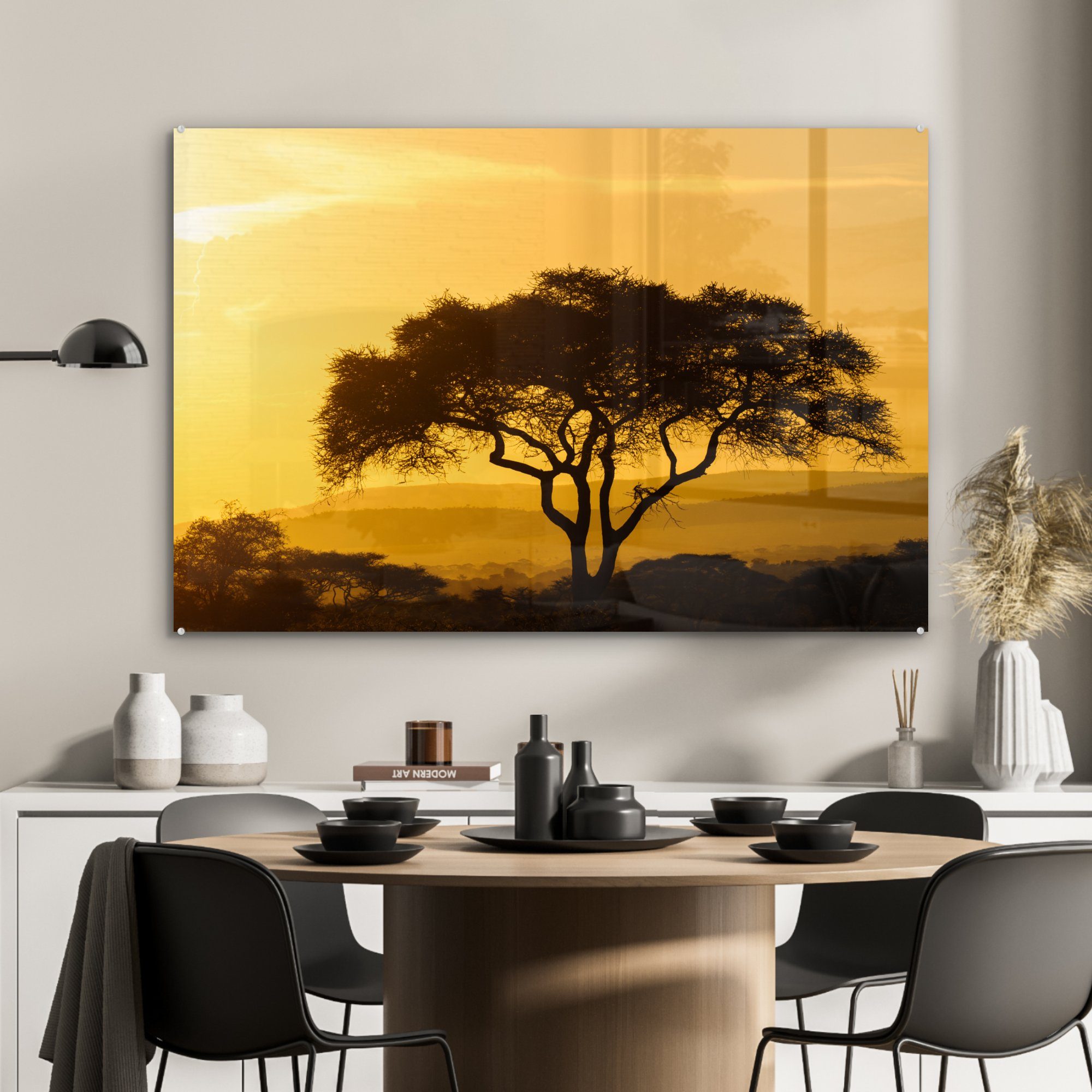 MuchoWow Acrylglasbild Gelber Himmel über St), Schlafzimmer Serengeti-Nationalpark Acrylglasbilder & Wohnzimmer (1 in Tansania, dem