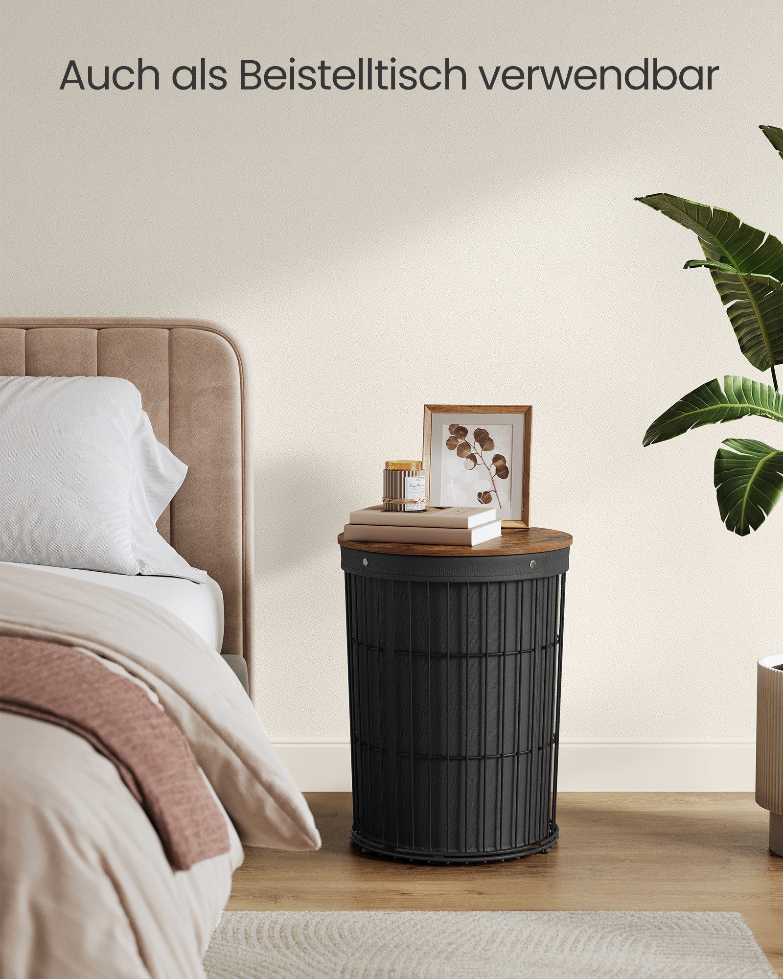 SONGMICS Wäschekorb 95 L, für Waschküche, Schlafzimmer, Wohnzimmer, 46 x 46 x 61 cm, Wäschesammler rund, herausnehmbarer Wäschesack, tintenschwarz